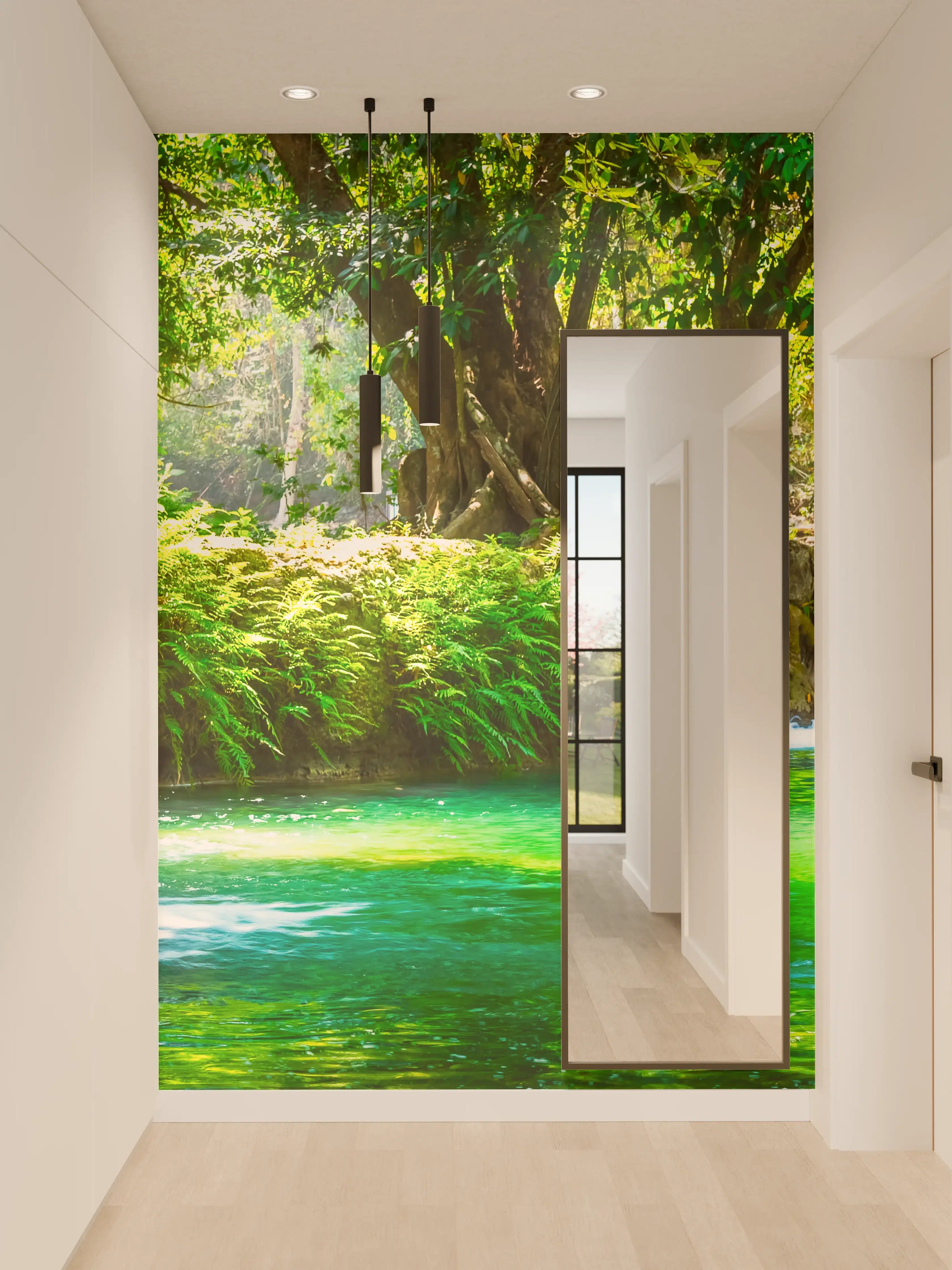 Wandverkleidung Flur - Sanfter Wasserfall im nebelgrauen Wald