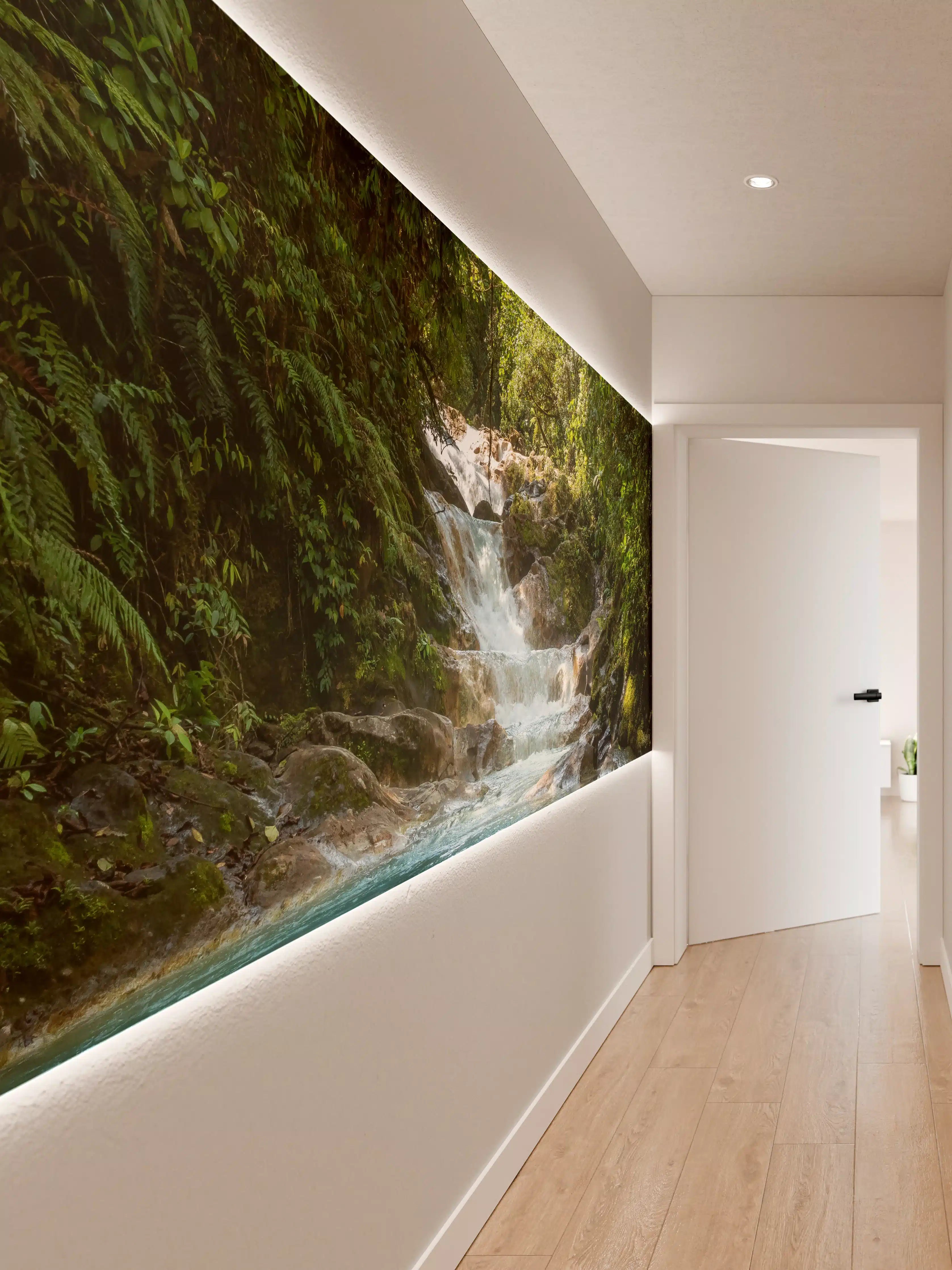 Wandverkleidung Flur - Sanfter Wasserfall in grauen Nebeln