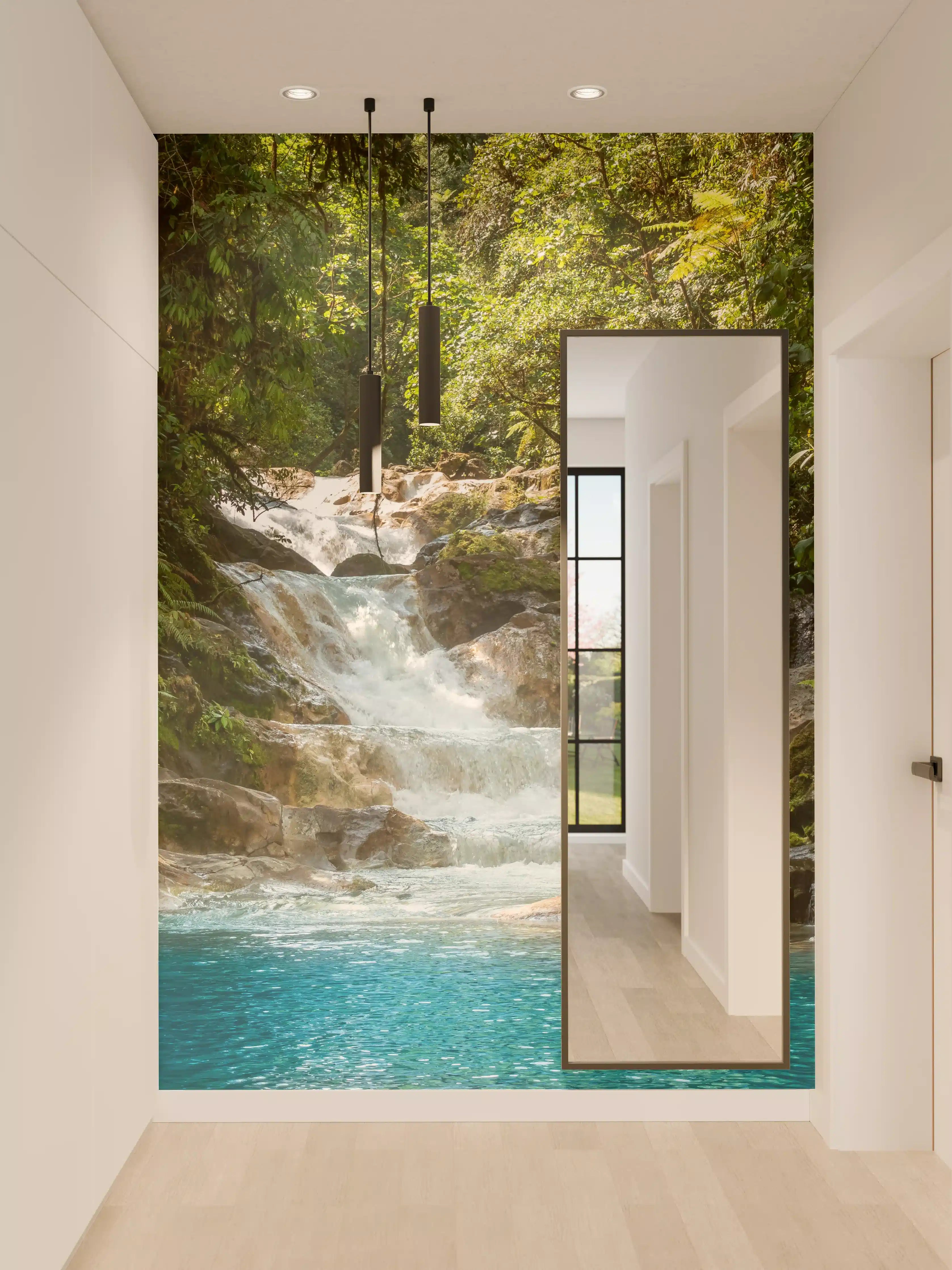 Wandverkleidung Flur - Sanfter Wasserfall in grauen Nebeln