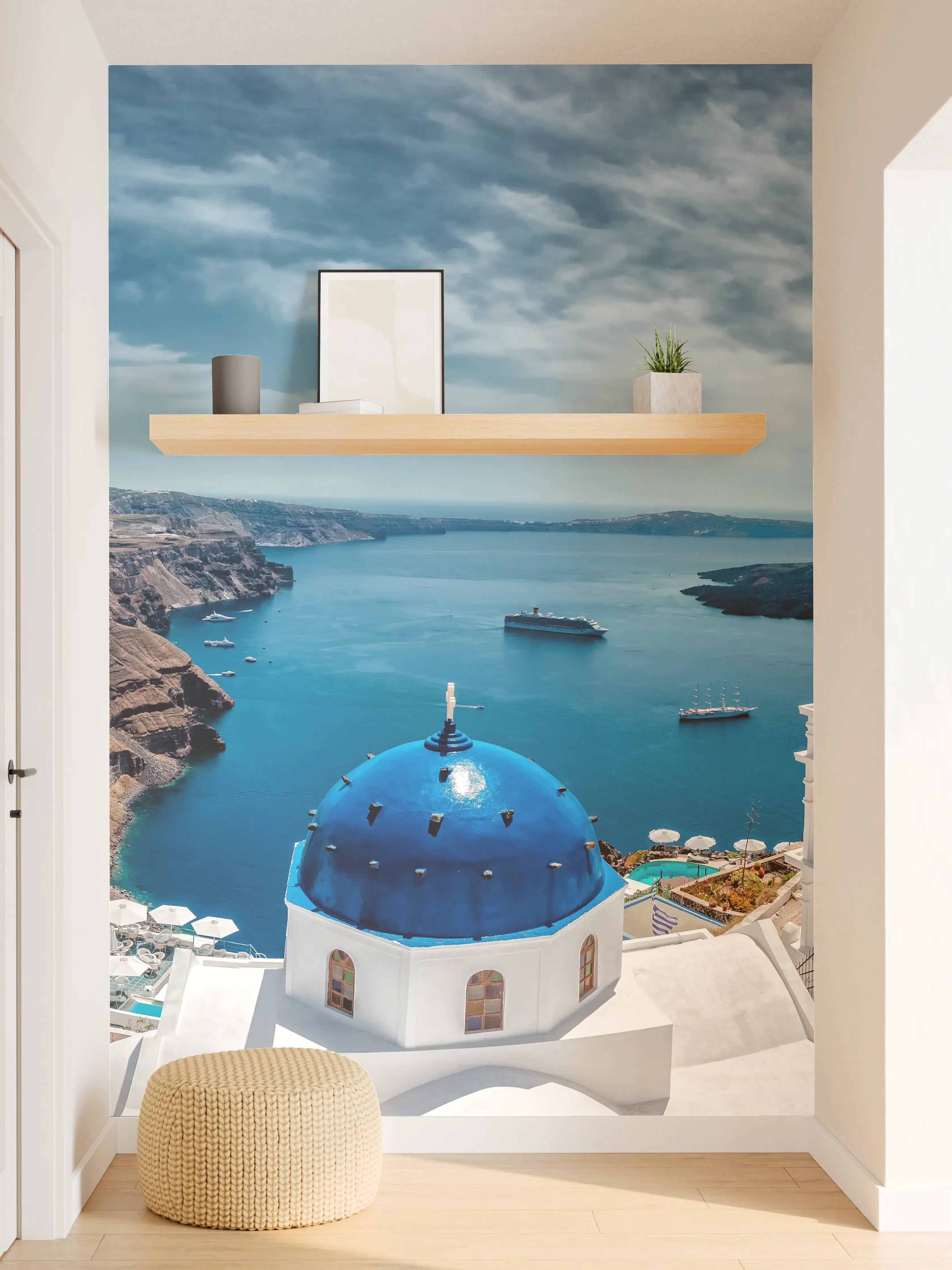 Wandverkleidung Flur - Santorini Blau-Weiß Panoramablick