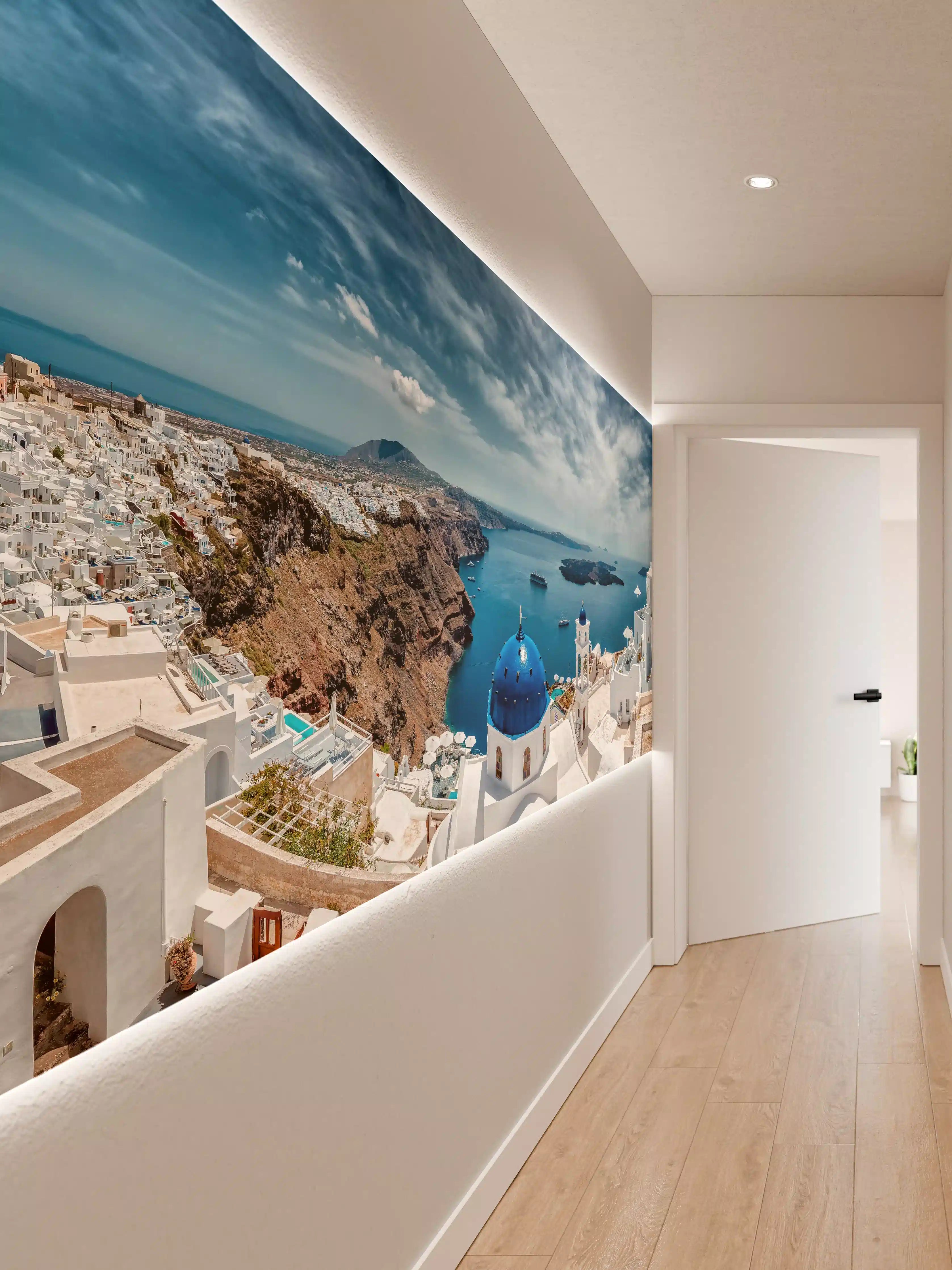 Wandverkleidung Flur - Santorini Blau-Weiß Panoramablick
