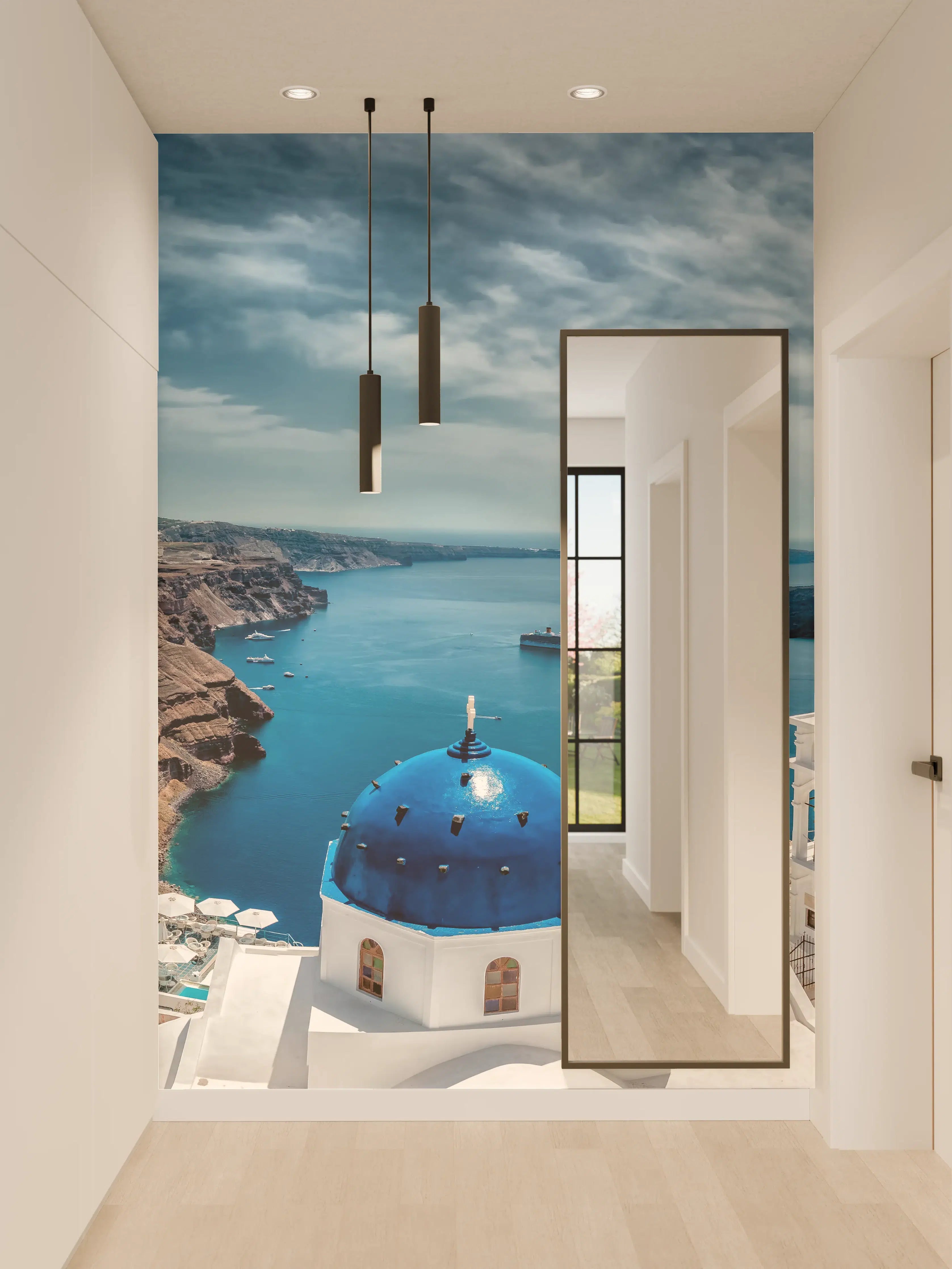Wandverkleidung Flur - Santorini Blau-Weiß Panoramablick
