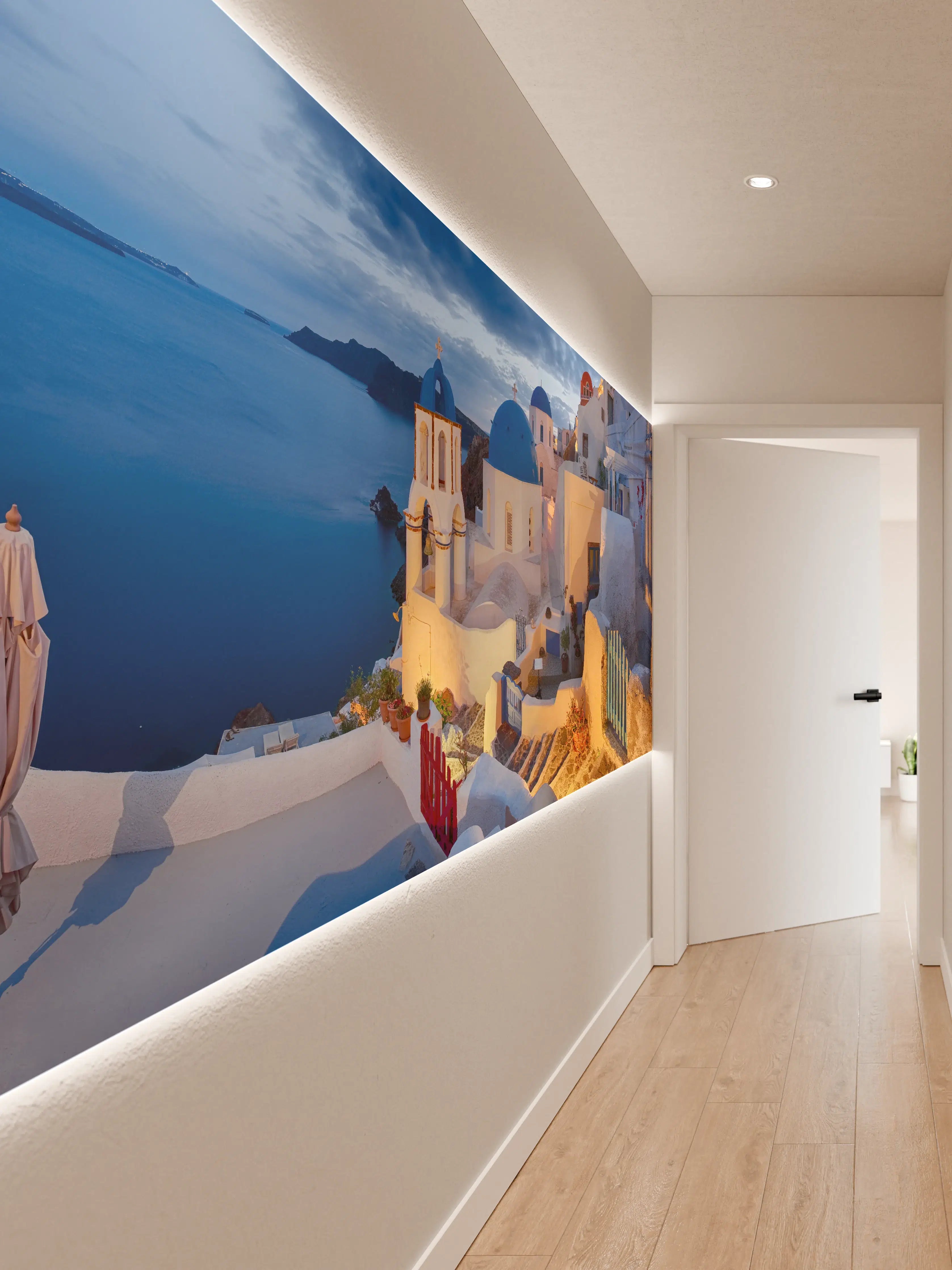 Wandverkleidung Flur - Santorini Skyline in Blau und Weiß