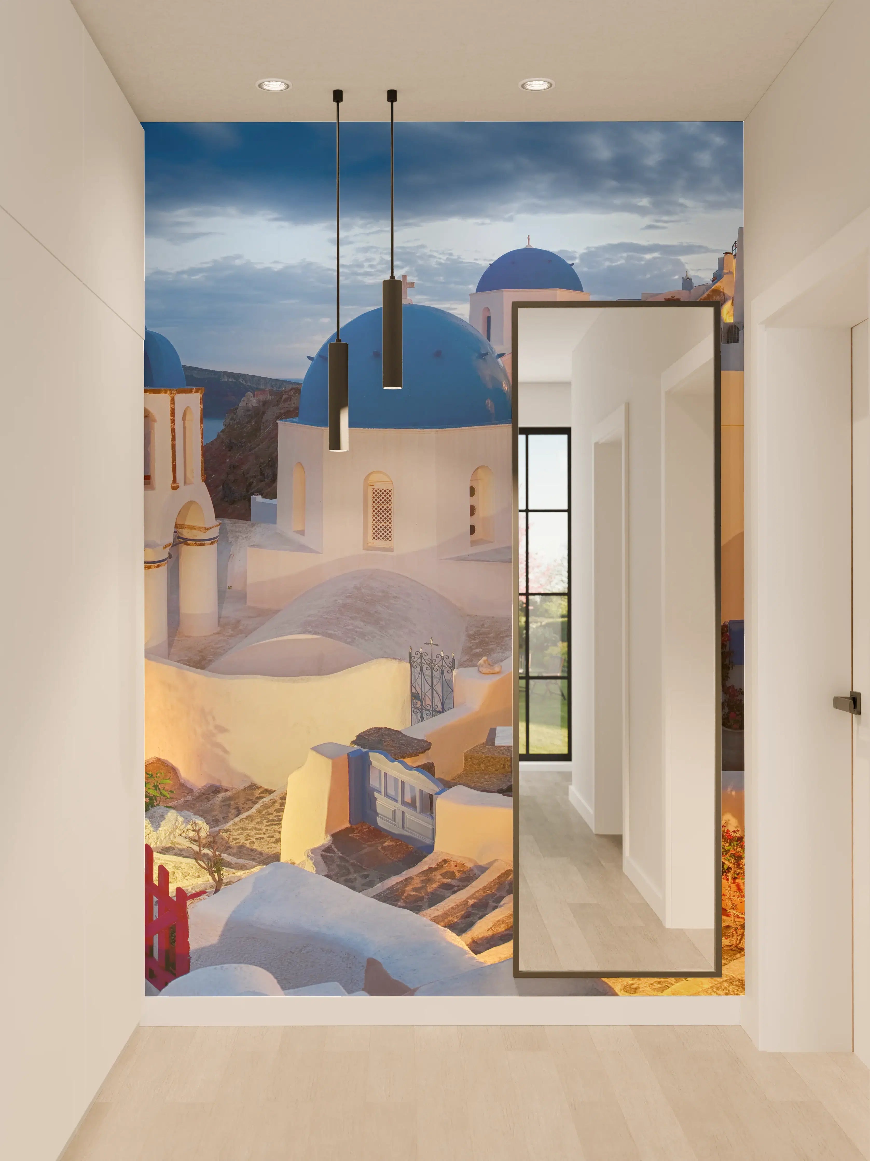Wandverkleidung Flur - Santorini Skyline in Blau und Weiß
