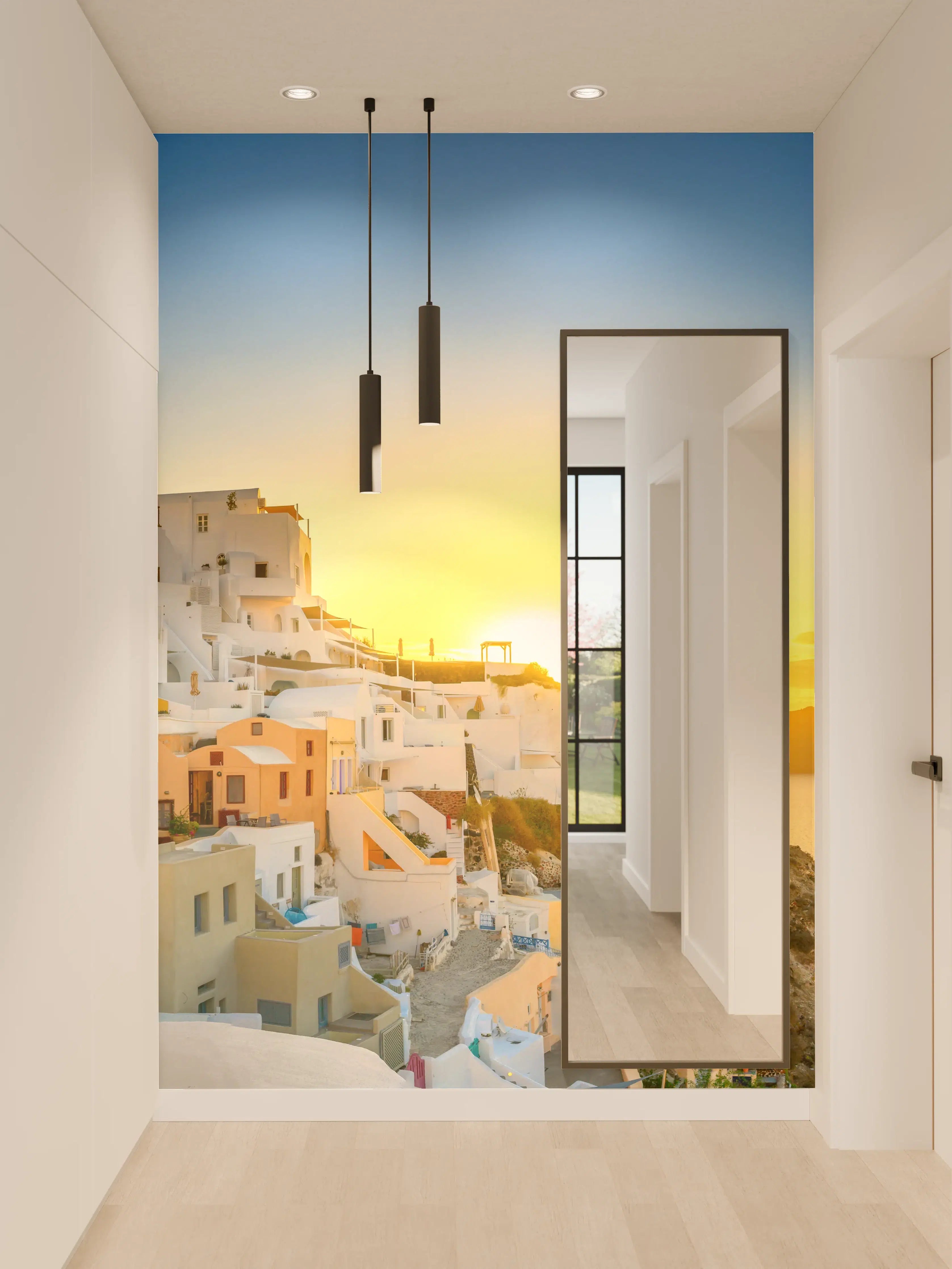 Wandverkleidung Flur - Santorini Sonnenuntergang Skyline