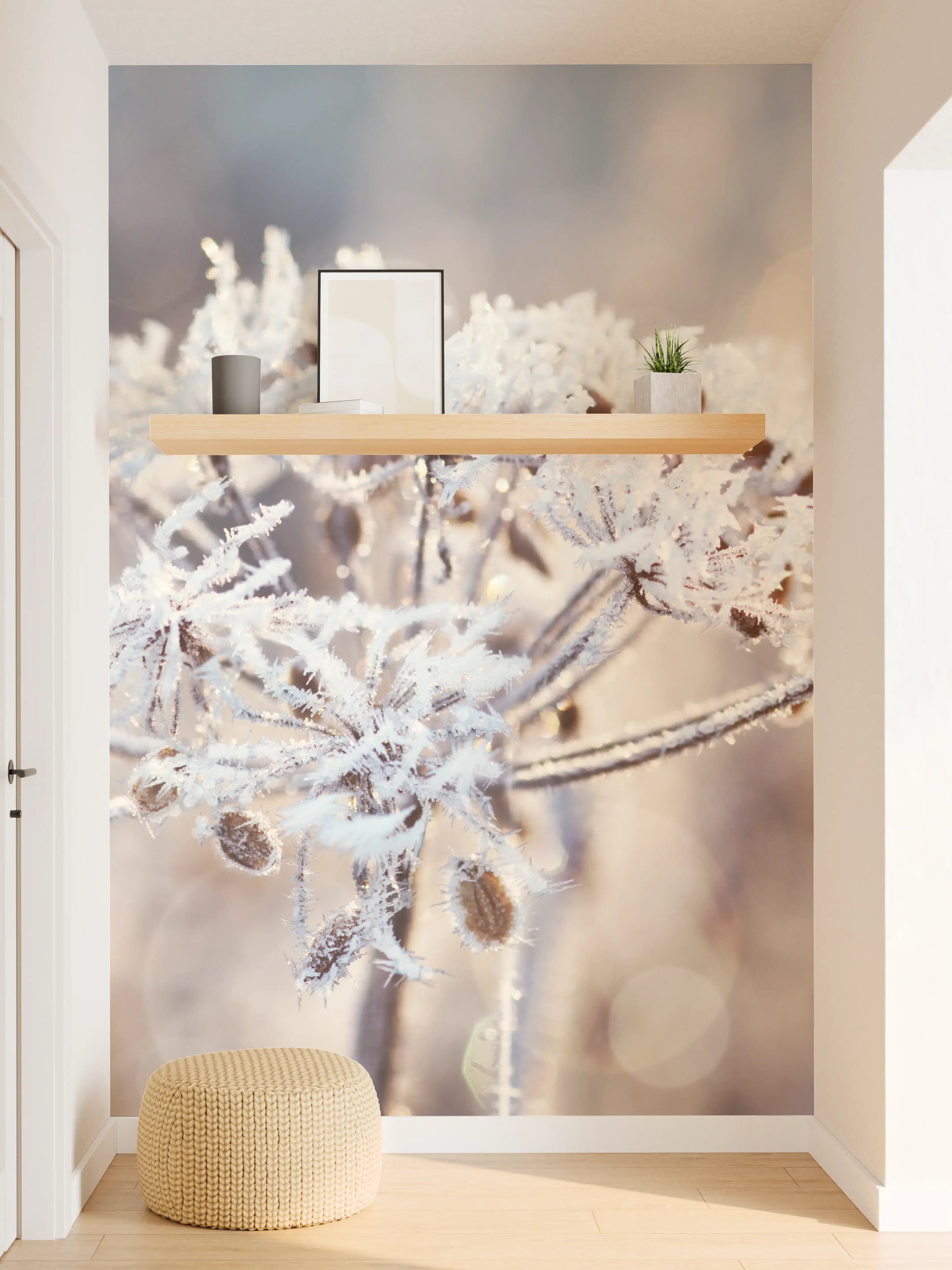 Wandverkleidung Flur - Schneetau auf Pflanzen