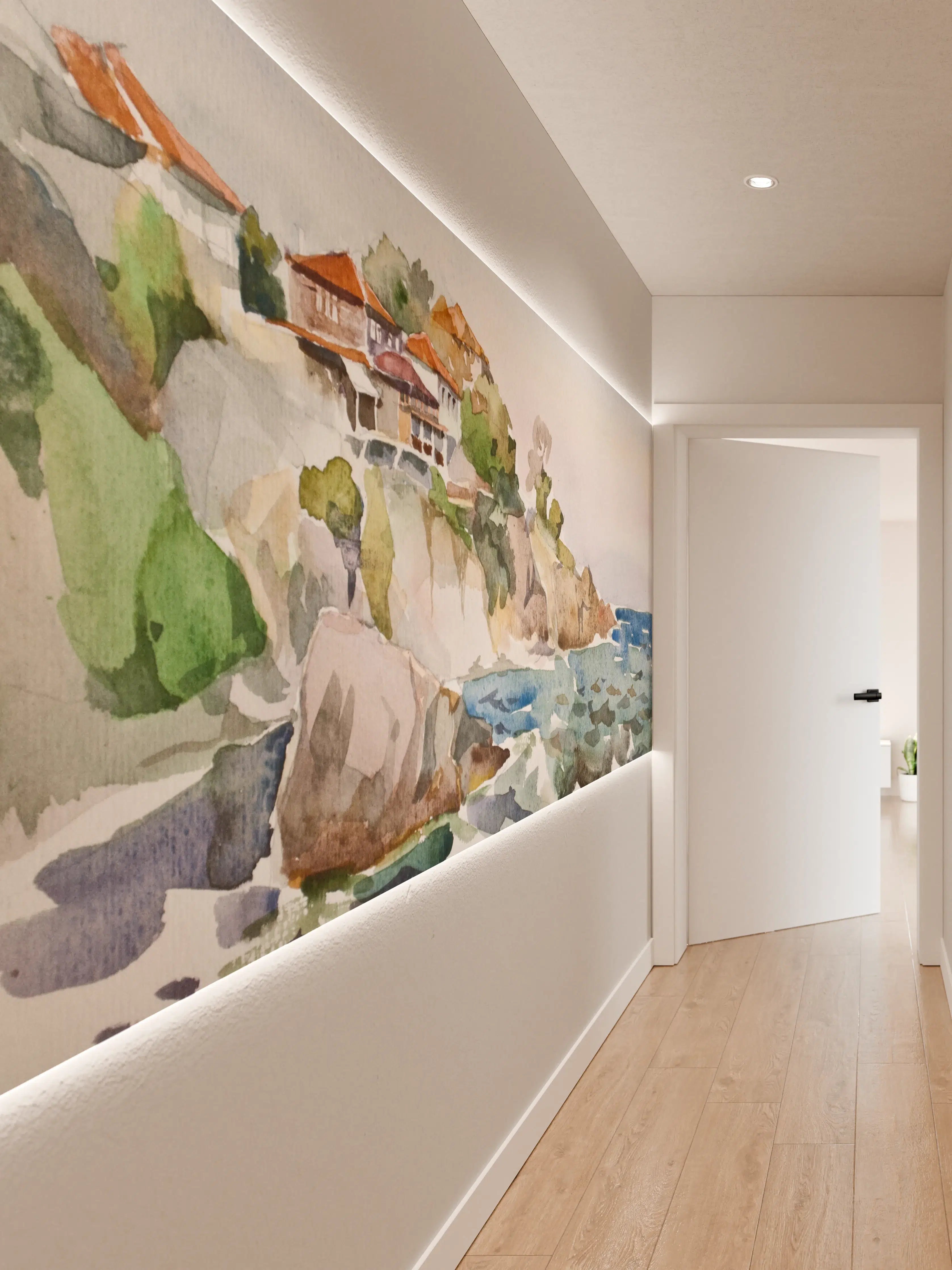 Wandverkleidung Flur - Schöne Küstenlandschaft in Aquarell