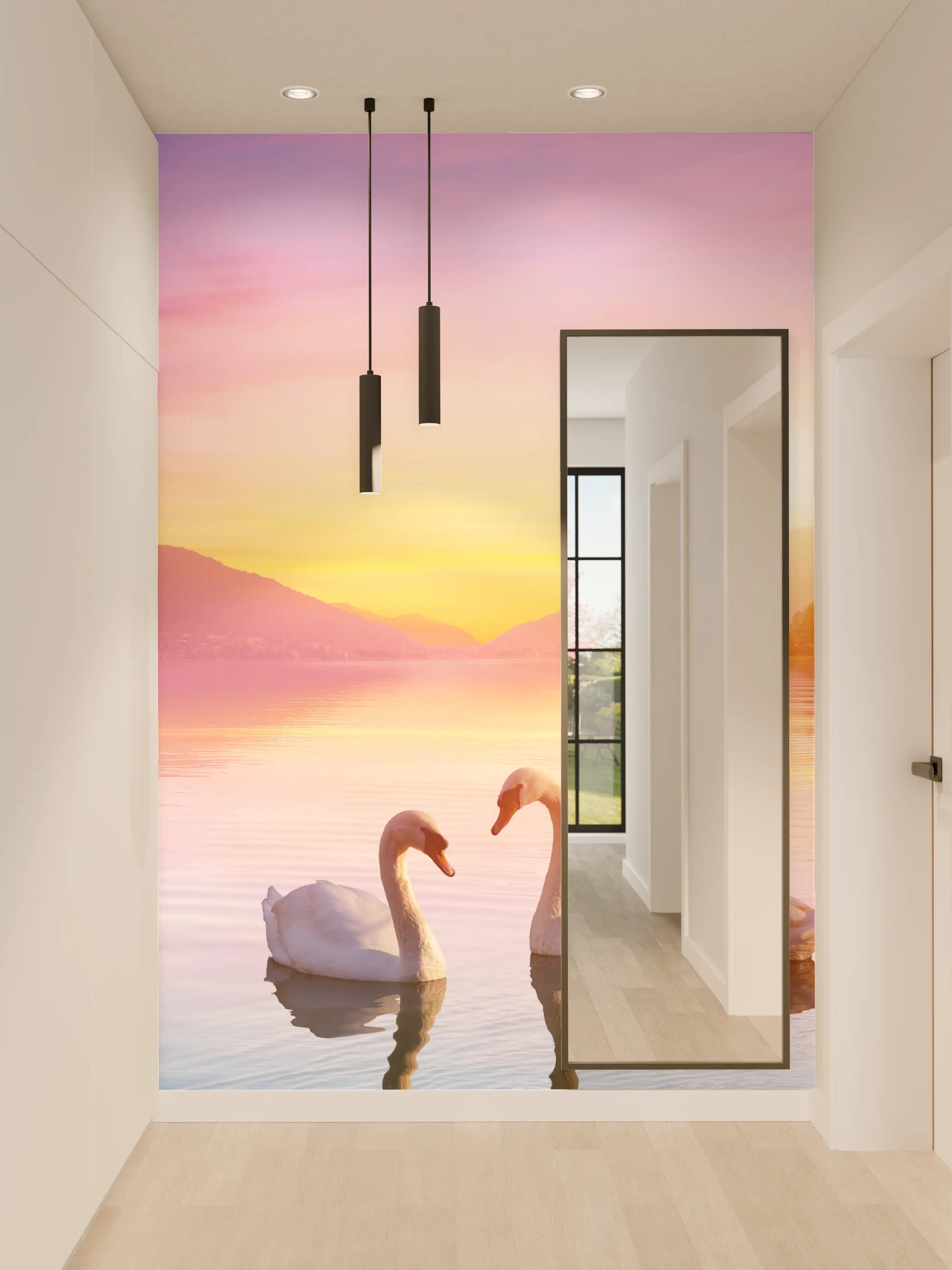 Wandverkleidung Flur - Schwäne über dem See bei Sonnenaufgang - Ruhe und Romantik