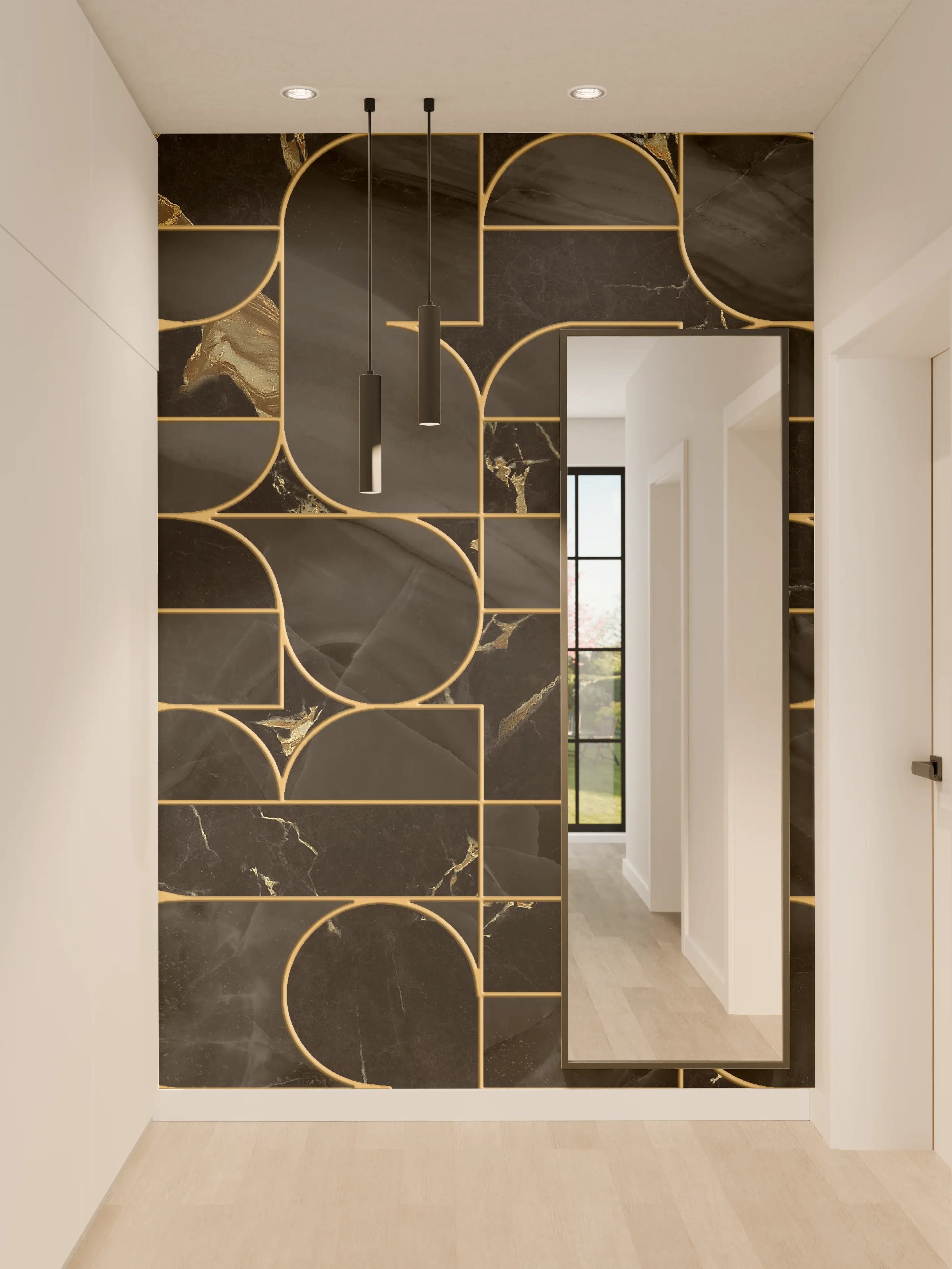 Wandverkleidung Flur - Schwarz-Gold-Muster mit Grautönen
