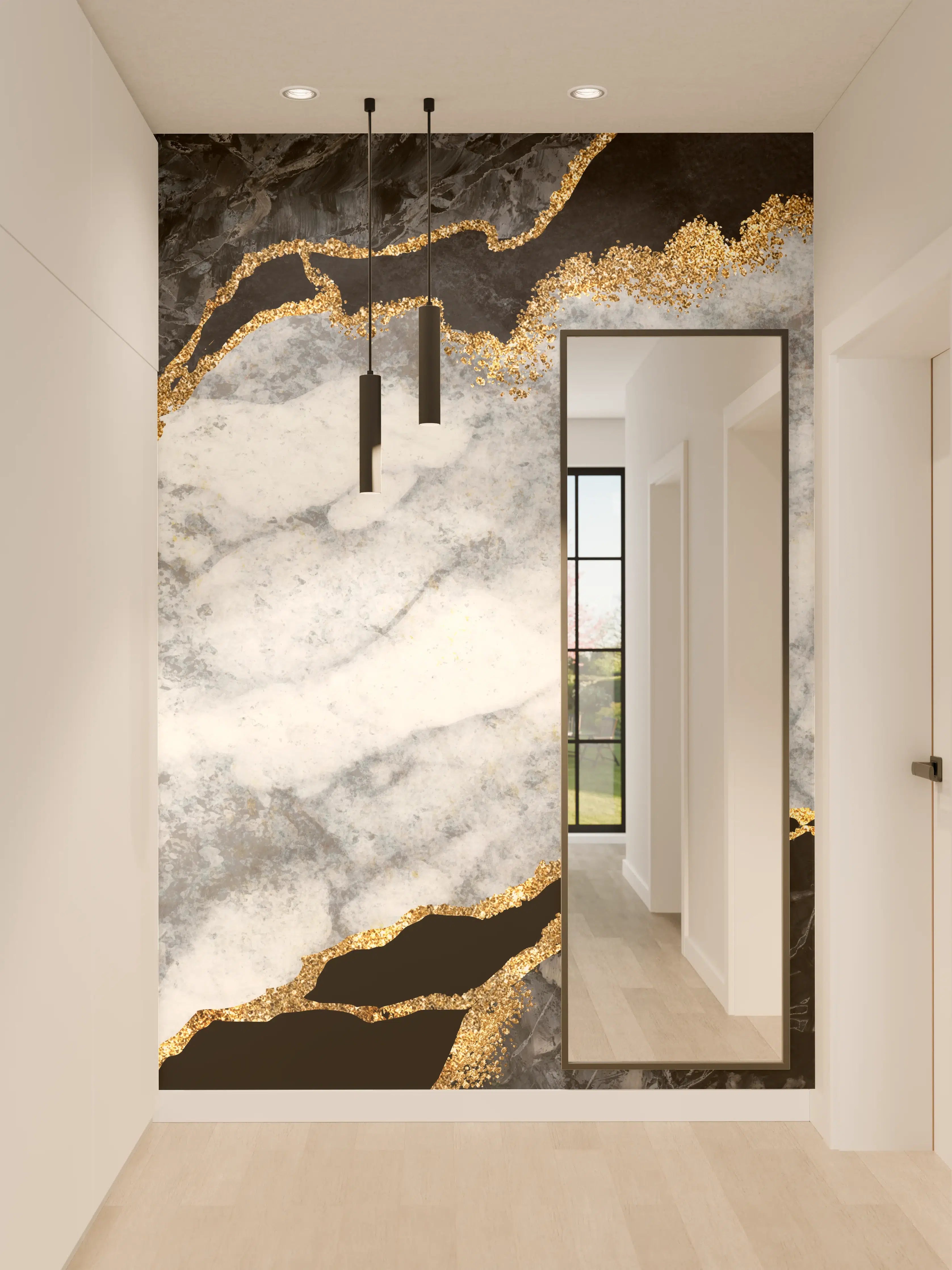 Wandverkleidung Flur - Schwarz-Graumarmor mit Goldakzenten