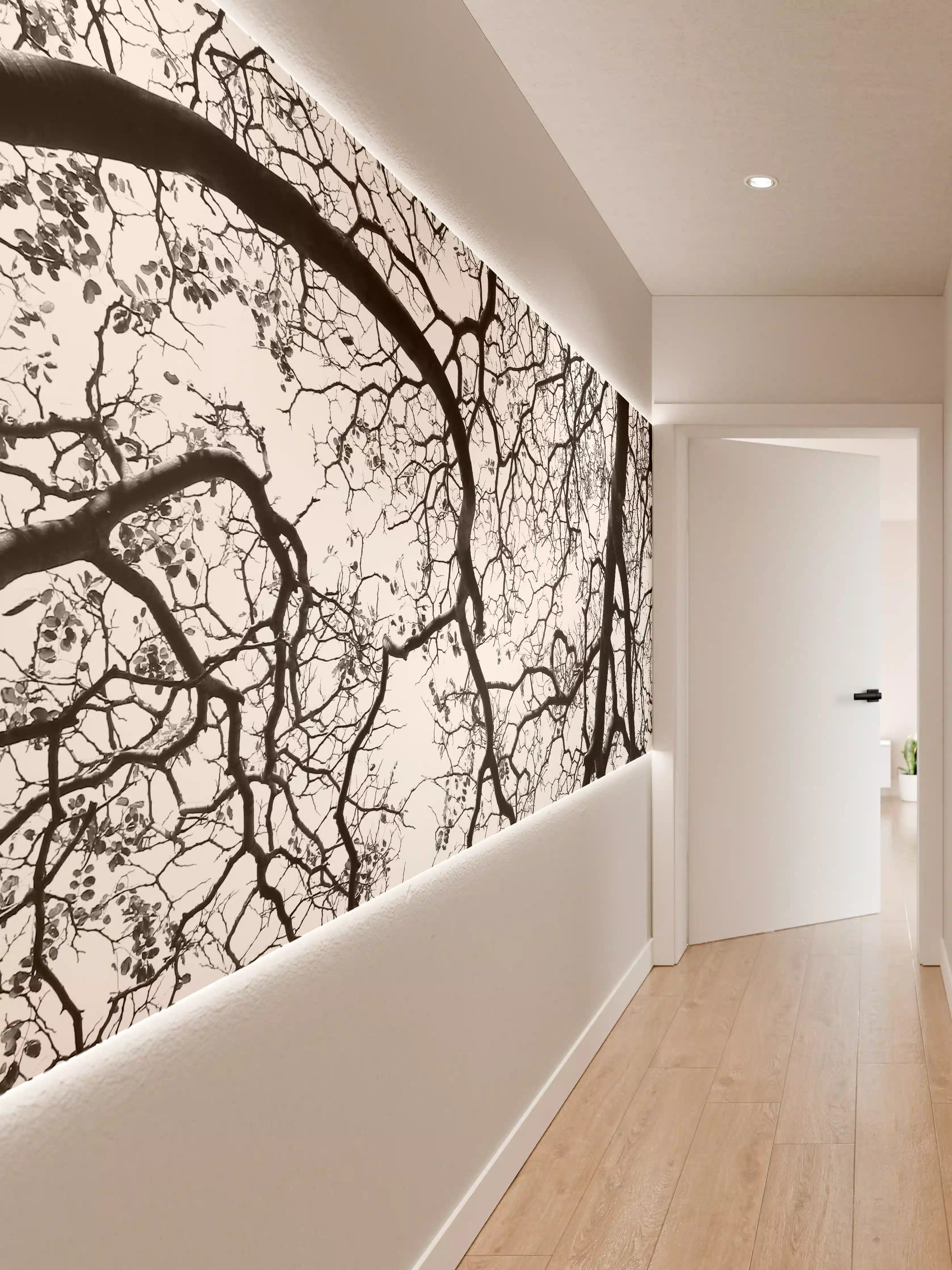 Wandverkleidung Flur - Schwarz-Weiß Baum-Aquarell im minimalistischen Stil