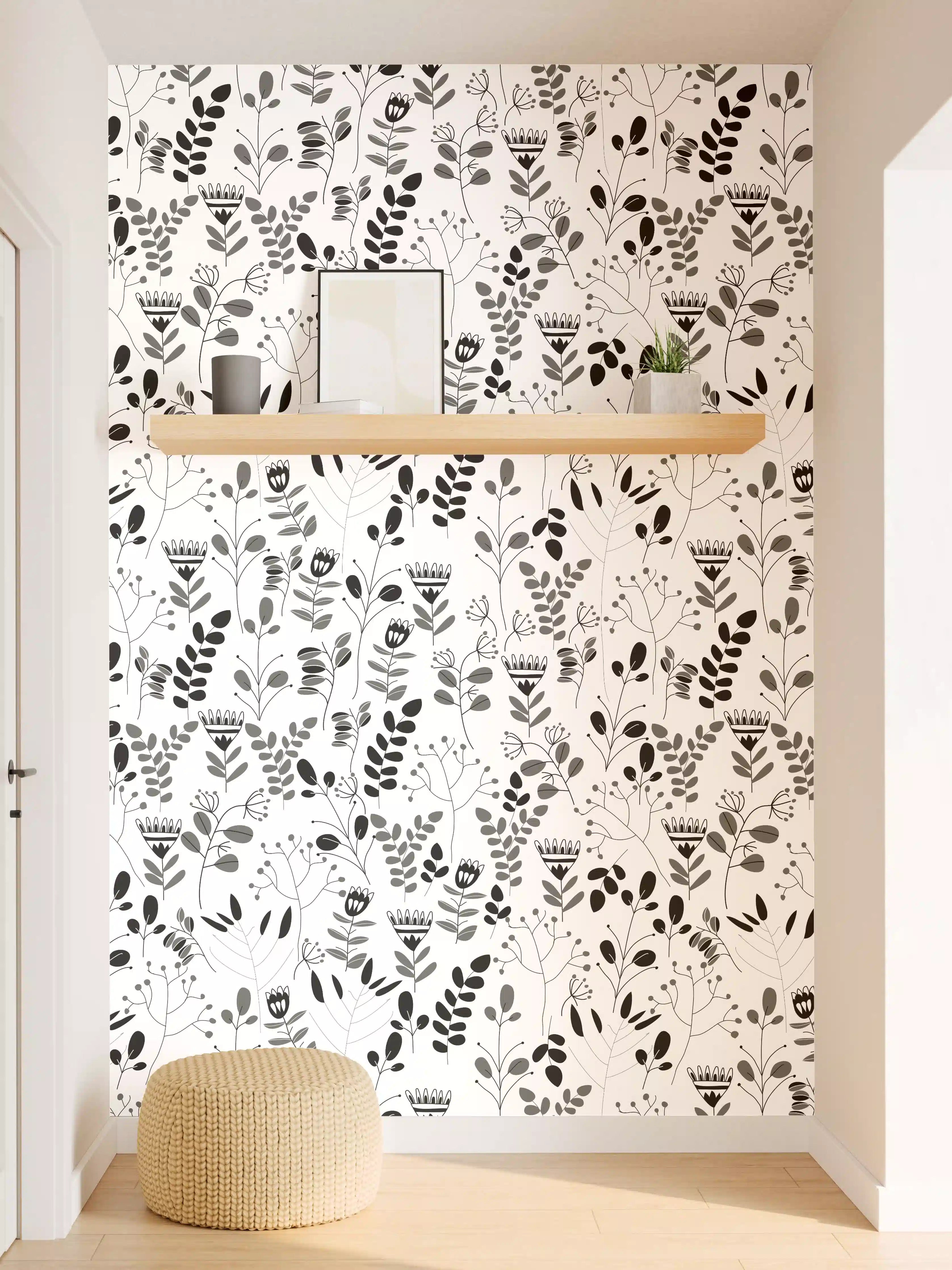 Wandverkleidung Flur - Schwarz-Weiß Blumen Muster