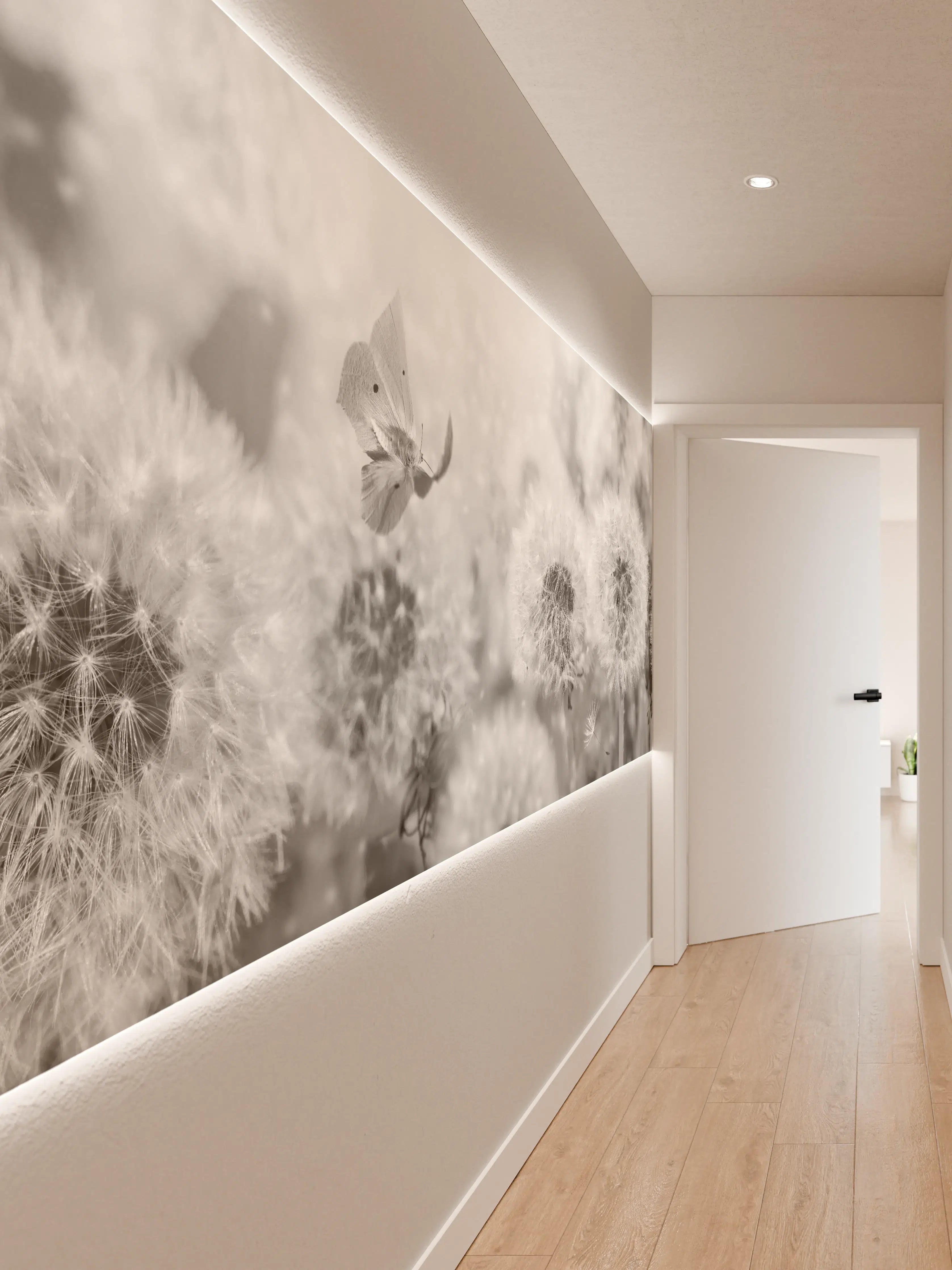 Wandverkleidung Flur - Schwarz-Weiß-Blumenwiese mit Schmetterling