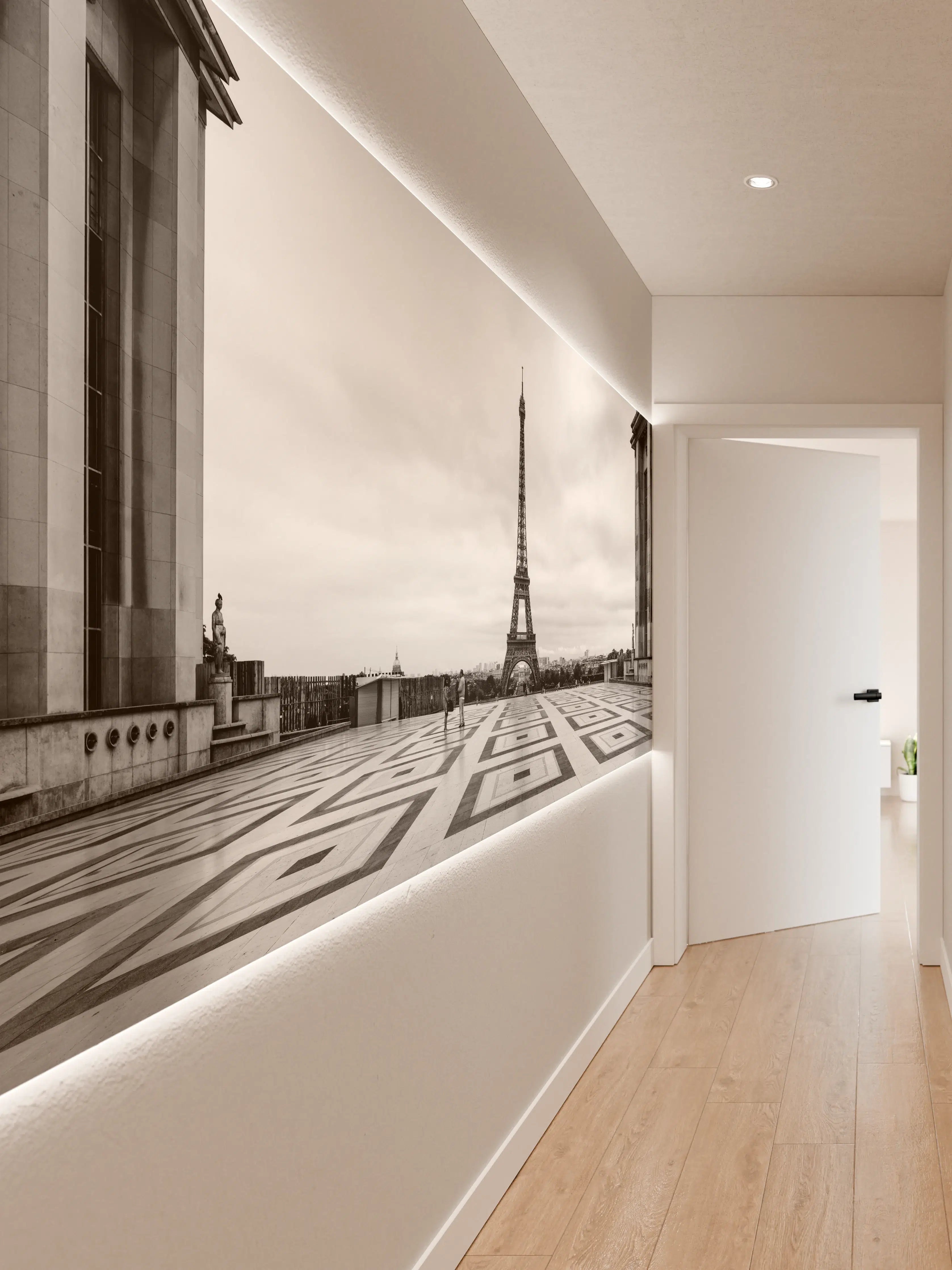 Wandverkleidung Flur - Schwarz-Weiß-Eiffelturm-Skyline