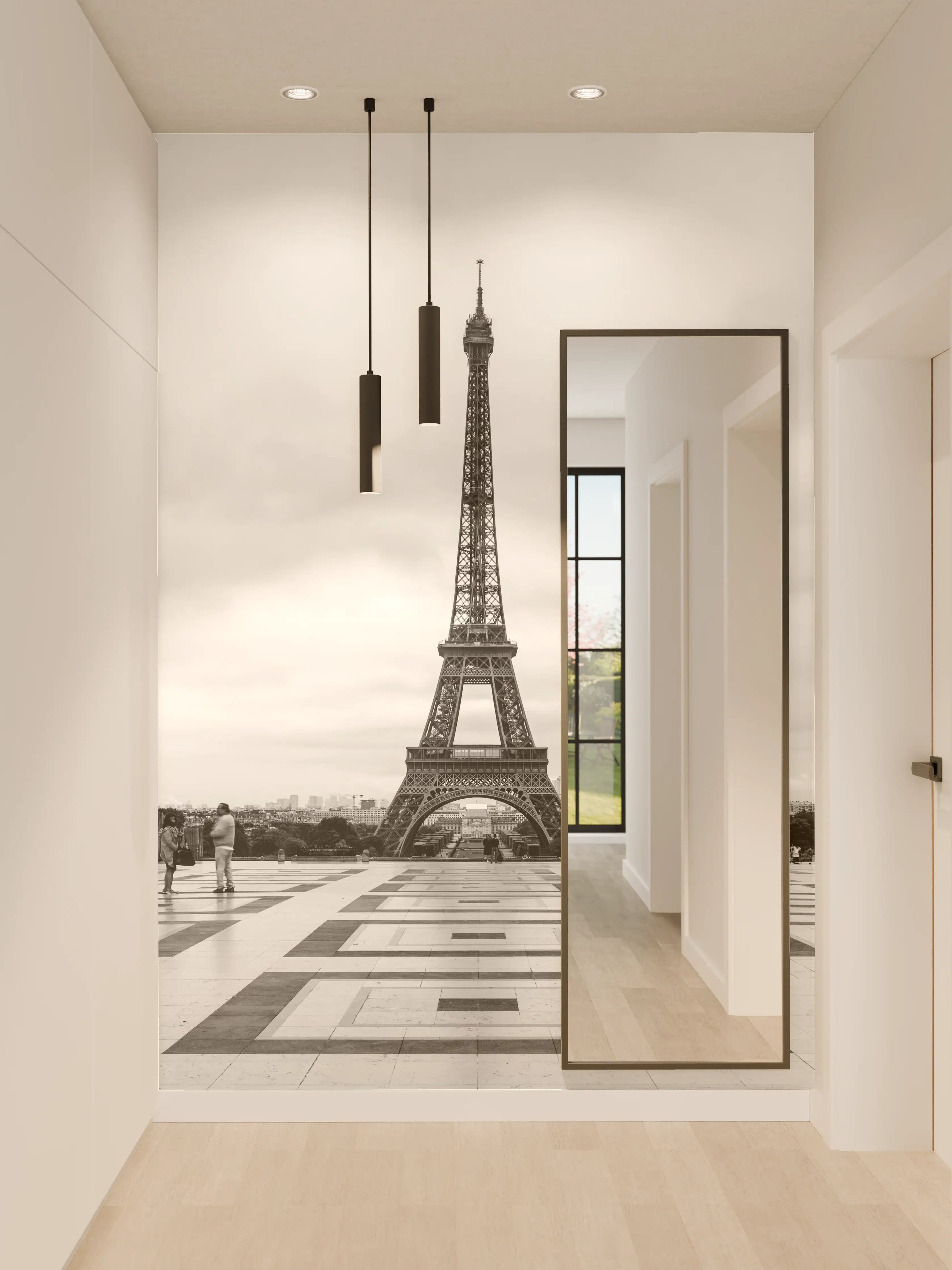 Wandverkleidung Flur - Schwarz-Weiß-Eiffelturm-Skyline