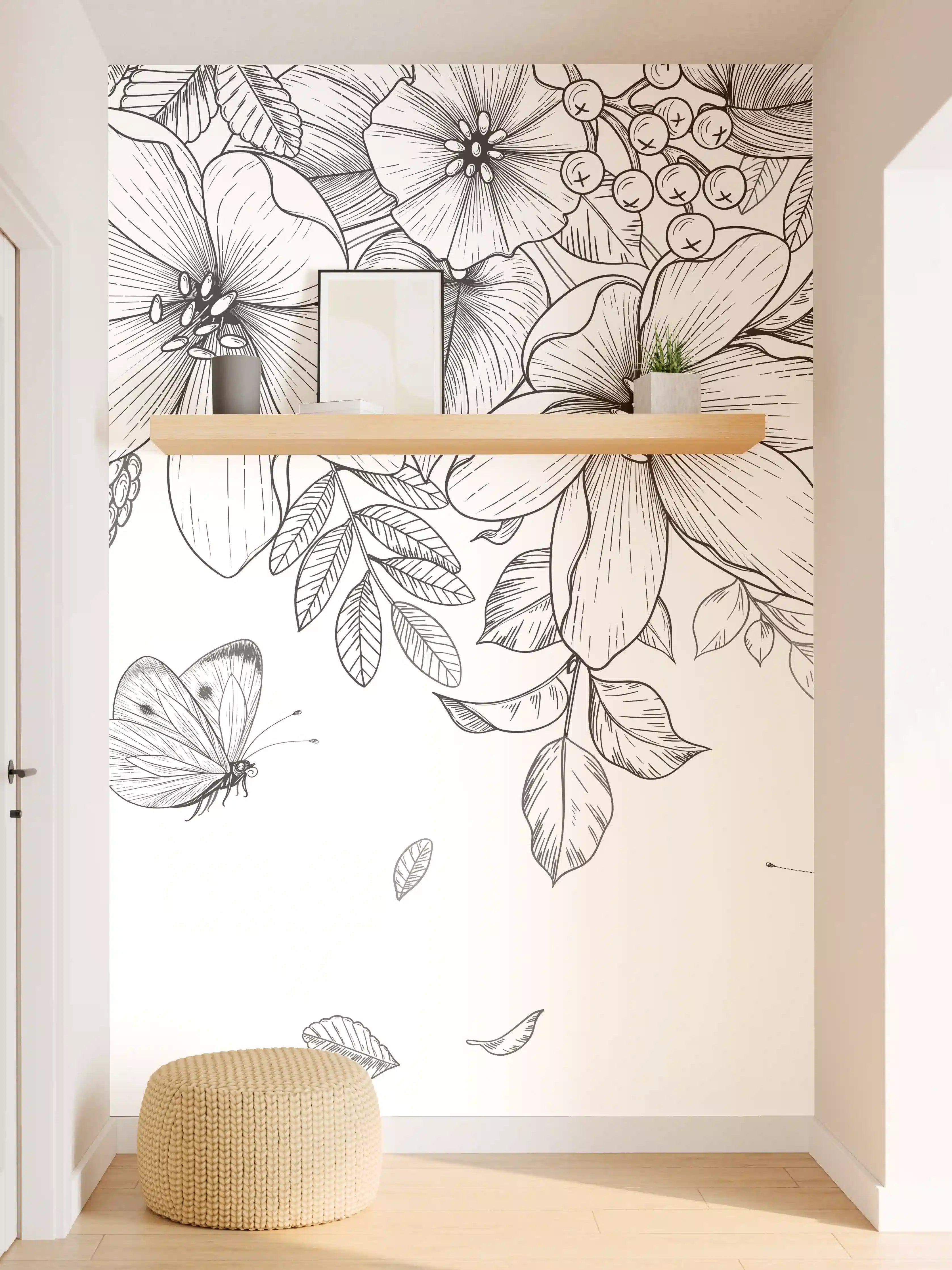 Wandverkleidung Flur - Schwarz-Weiß Floralzeichnung