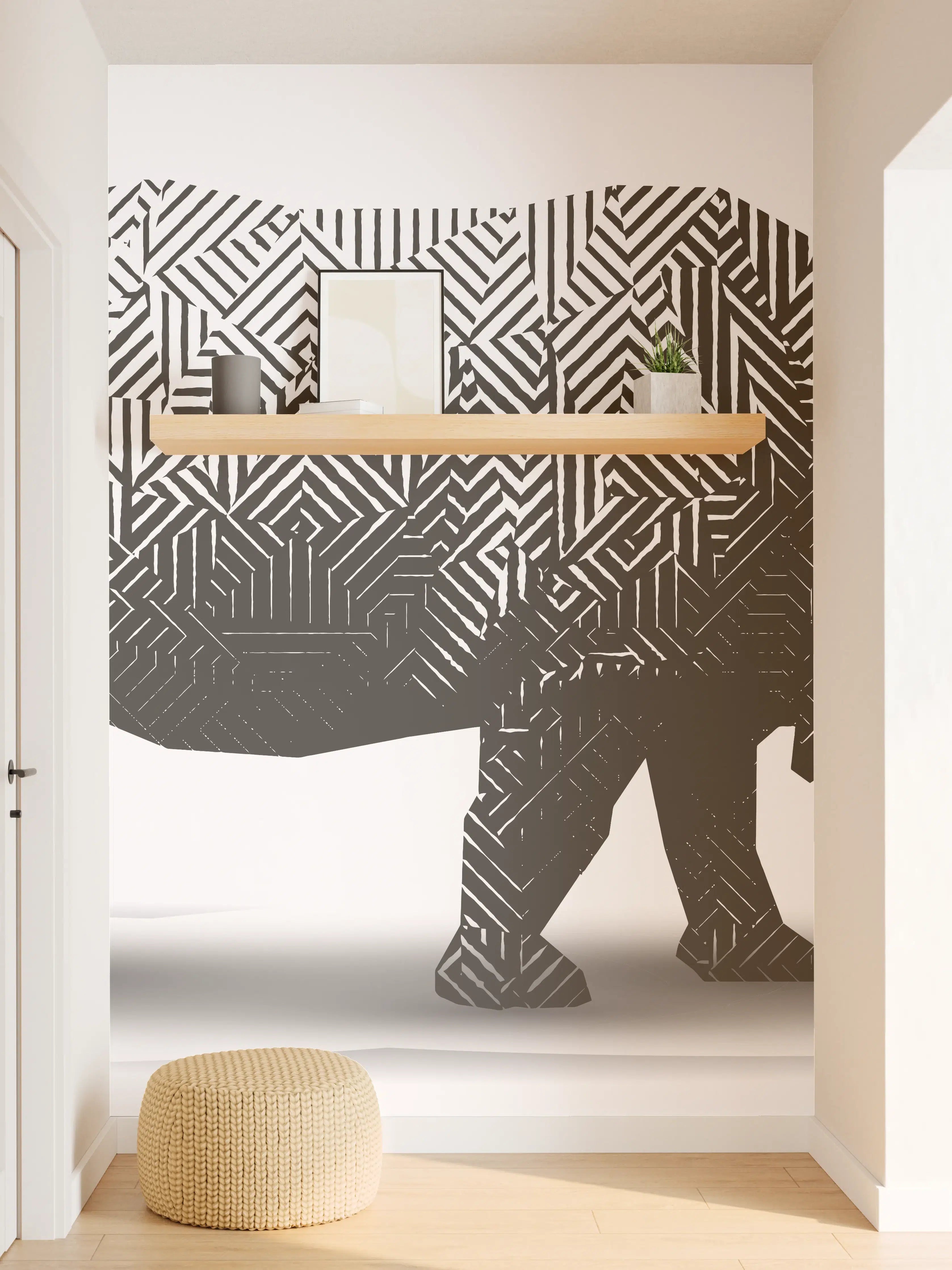 Wandverkleidung Flur - Schwarz-Weiß Grafik Nashorn