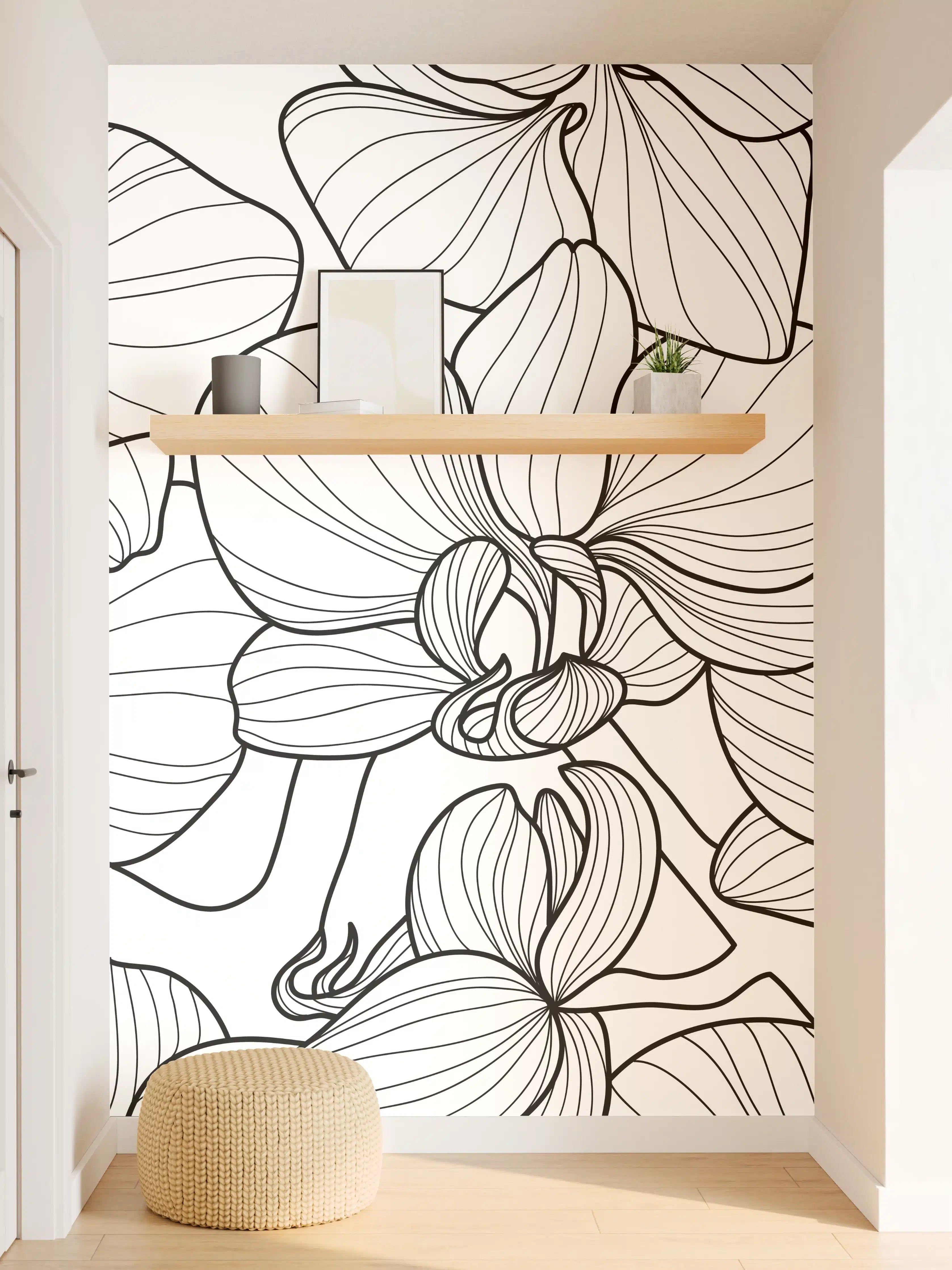 Wandverkleidung Flur - Schwarz-Weiß Orchideenzeichnung