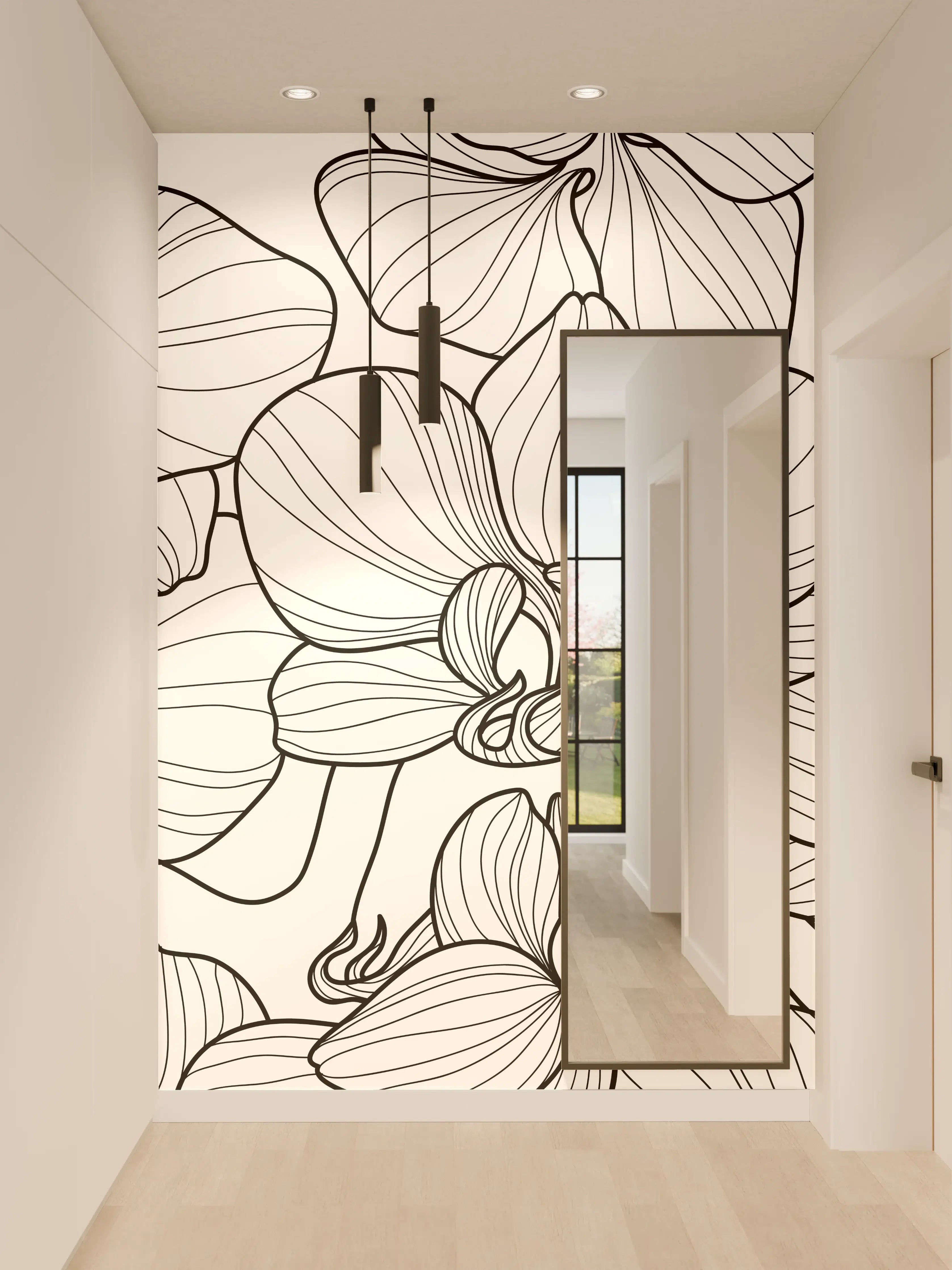 Wandverkleidung Flur - Schwarz-Weiß Orchideenzeichnung