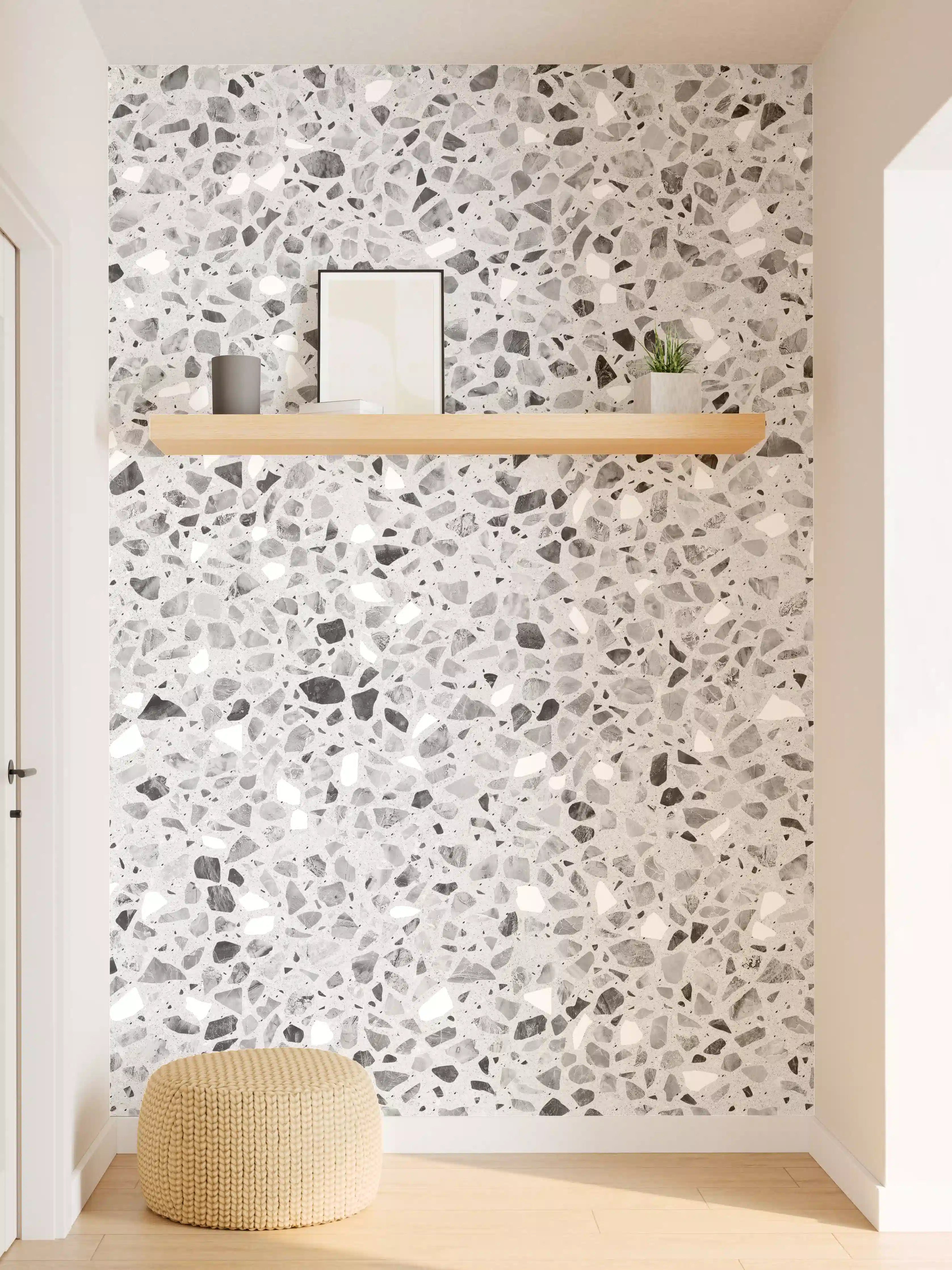 Wandverkleidung Flur - Schwarz-Weiße graue Terrazzo Stein Textur