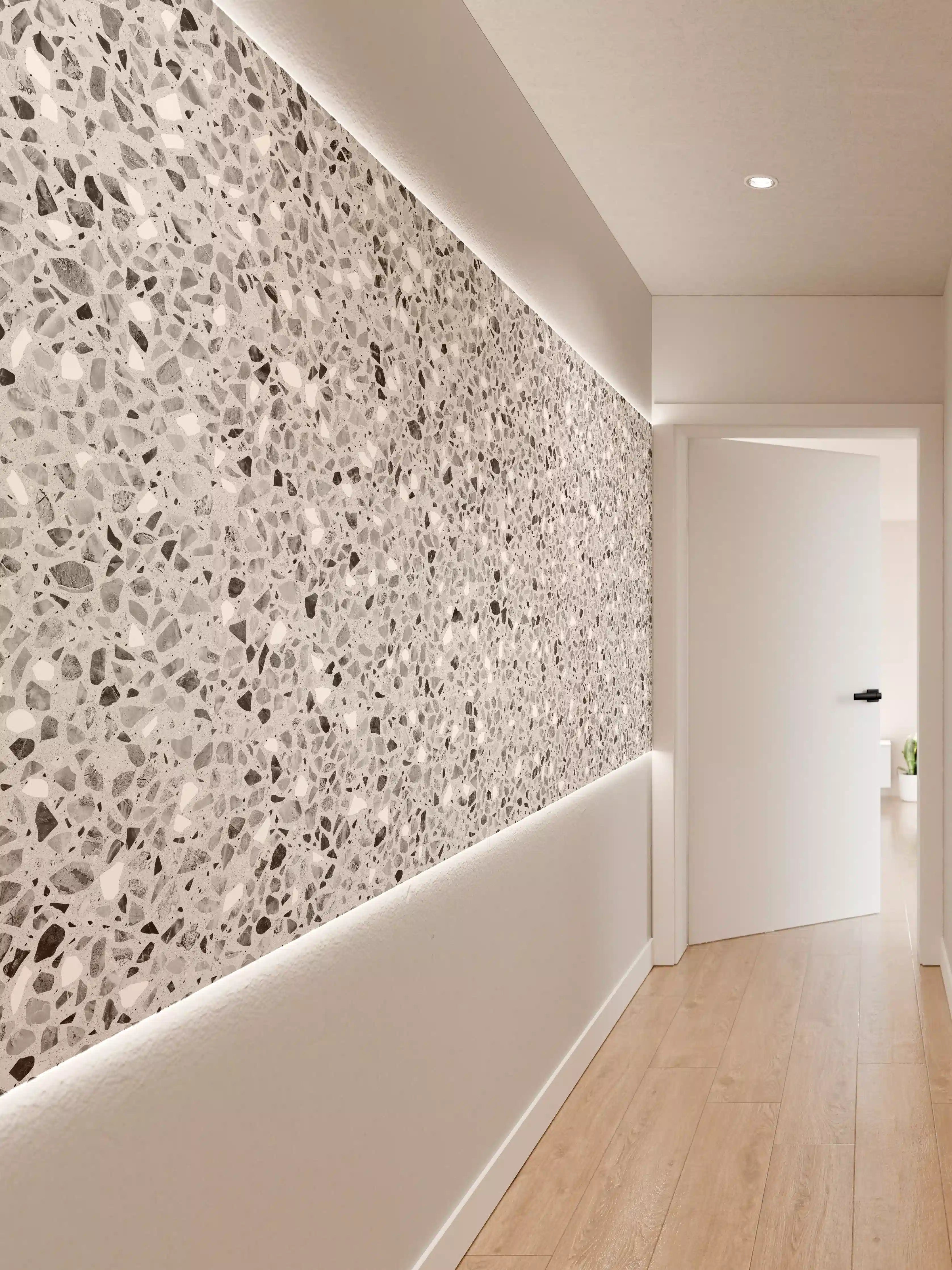 Wandverkleidung Flur - Schwarz-Weiße graue Terrazzo Stein Textur