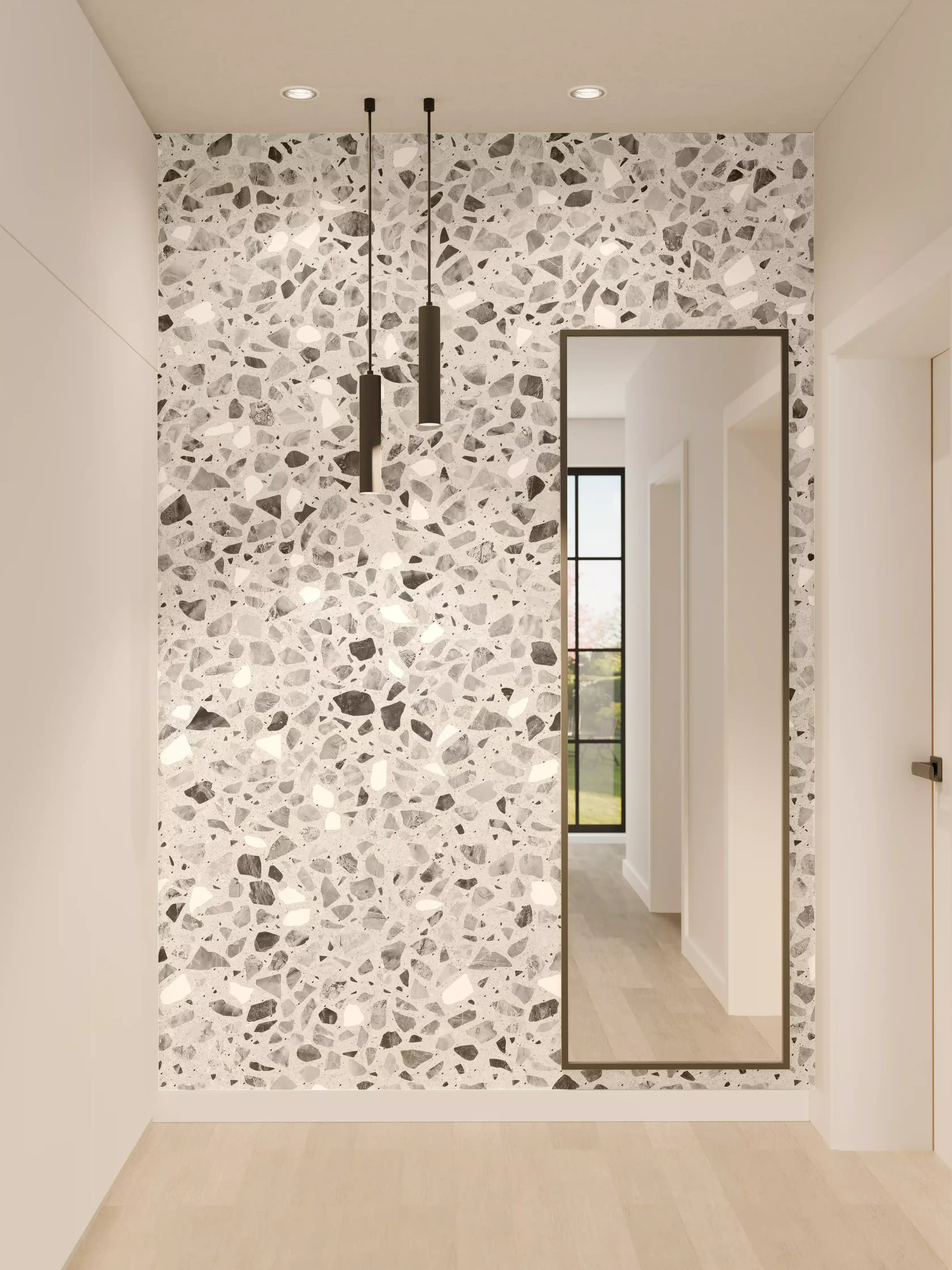Wandverkleidung Flur - Schwarz-Weiße graue Terrazzo Stein Textur