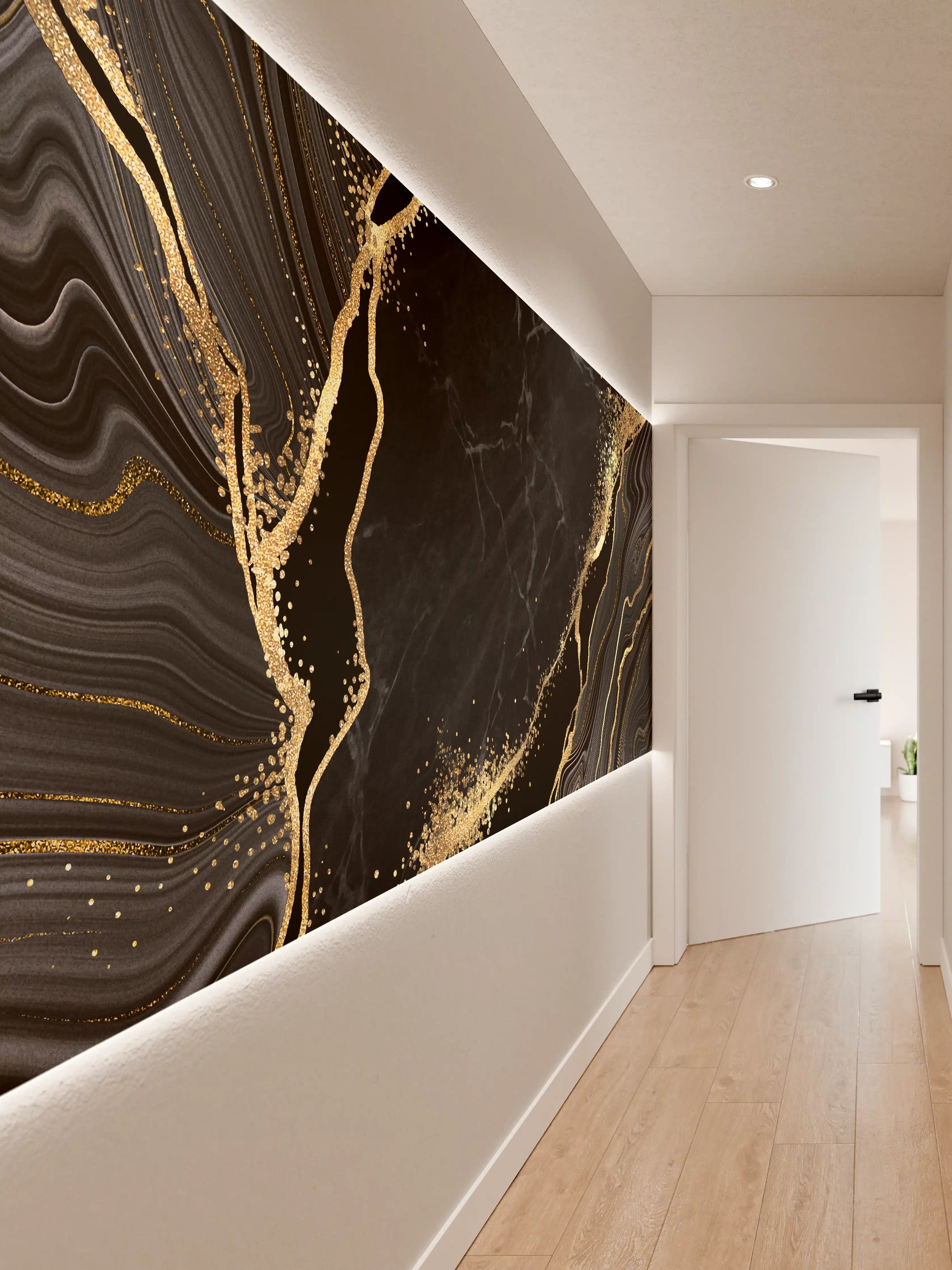 Wandverkleidung Flur - Schwarzer Marmor mit Gold- und Graunuancen