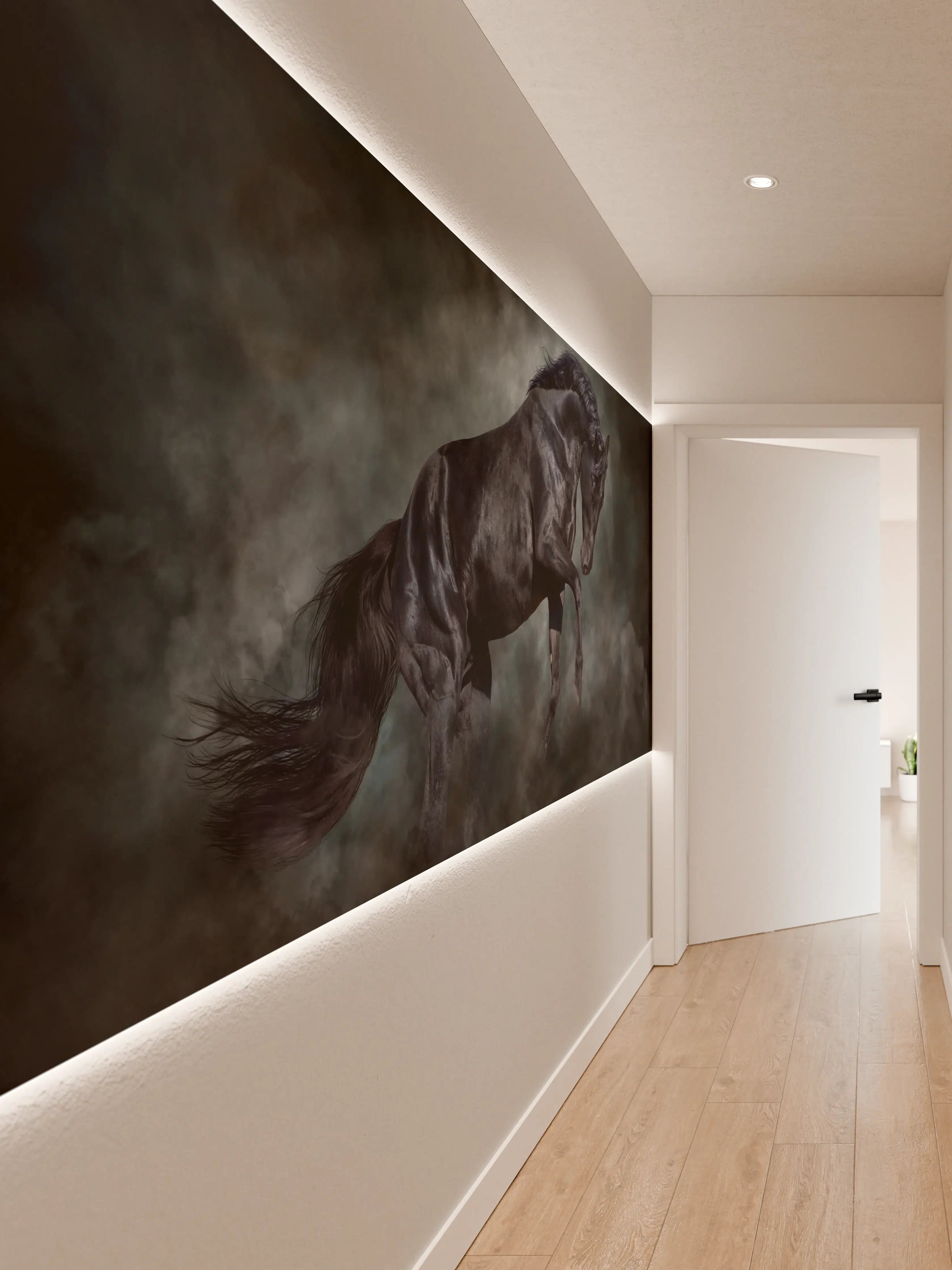 Wandverkleidung Flur - Schwarzer Pegasus in dramatischer Szenerie