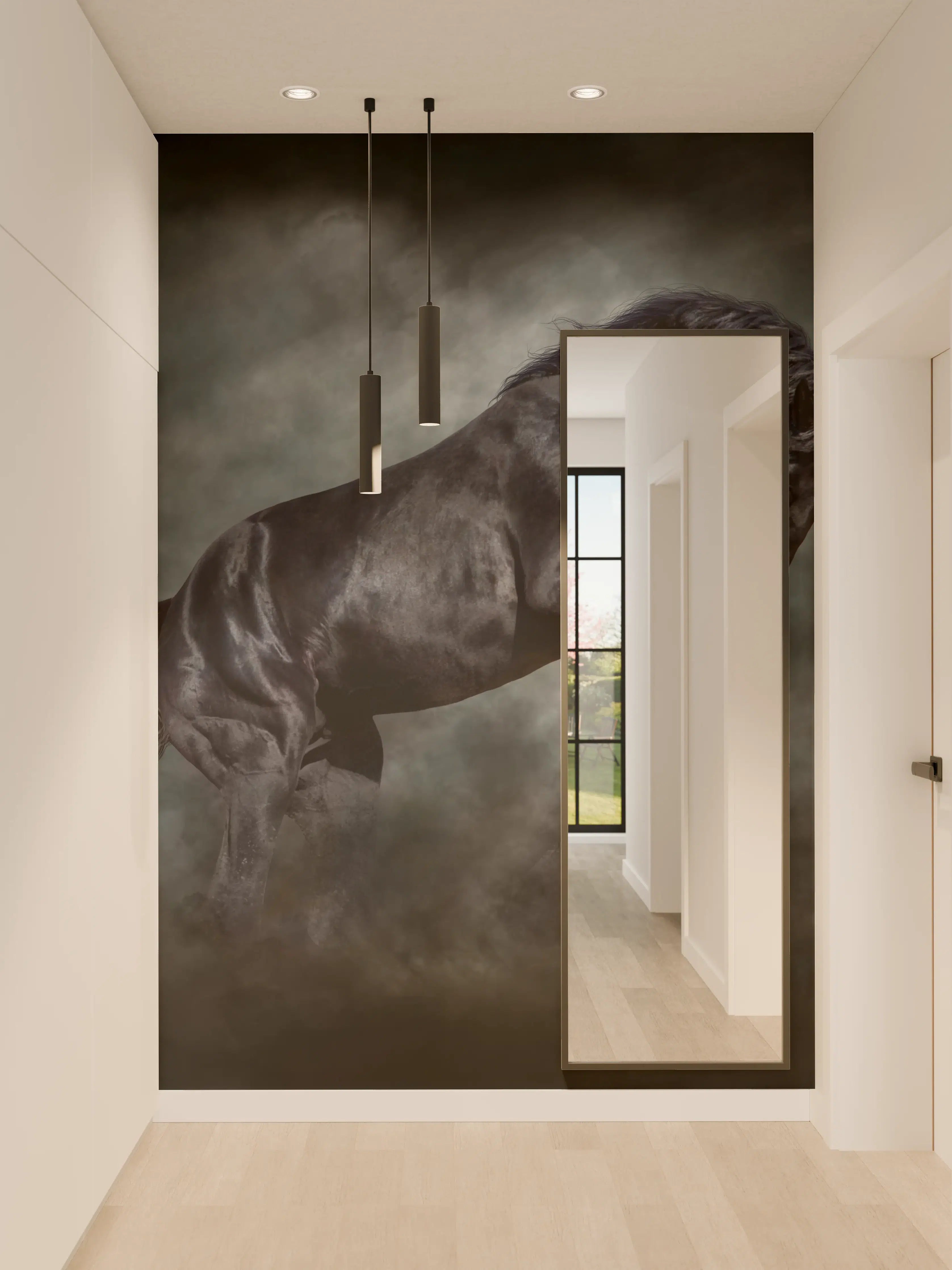 Wandverkleidung Flur - Schwarzer Pegasus in dramatischer Szenerie