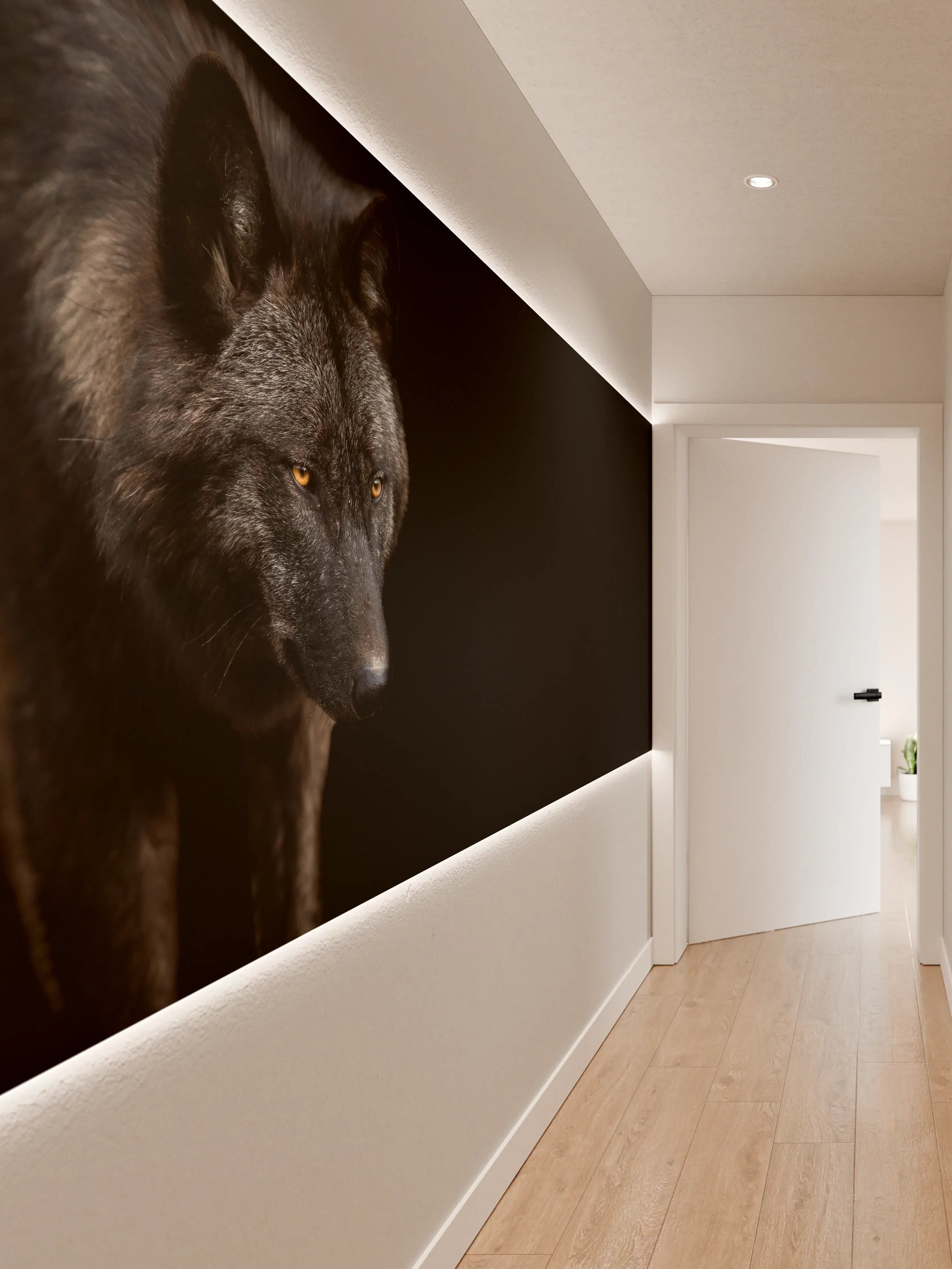 Wandverkleidung Flur - Schwarzer Wolf auf schwarzem Hintergrund