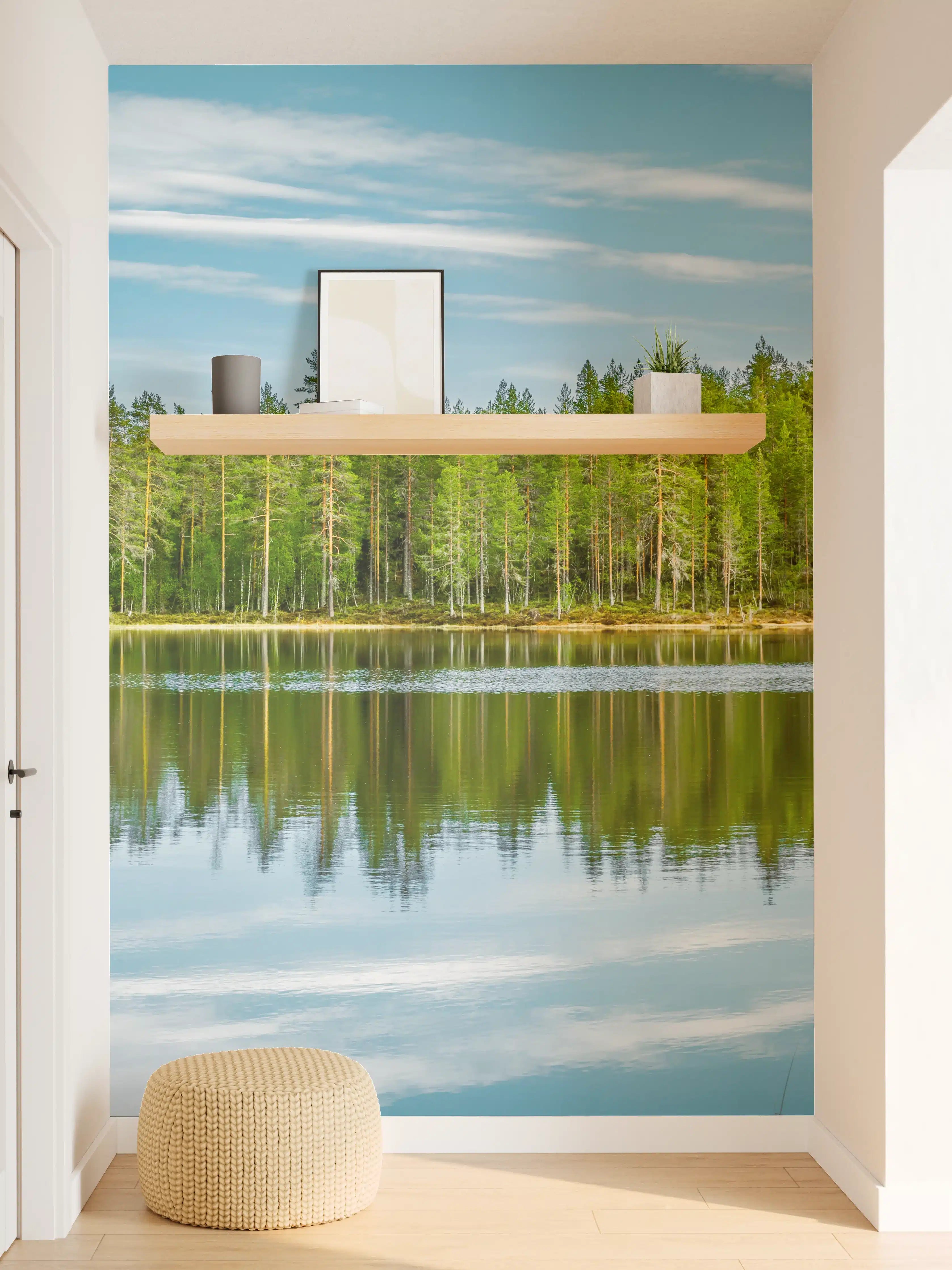 Wandverkleidung Flur - Schwedisches See-Panorama Grün-Blau