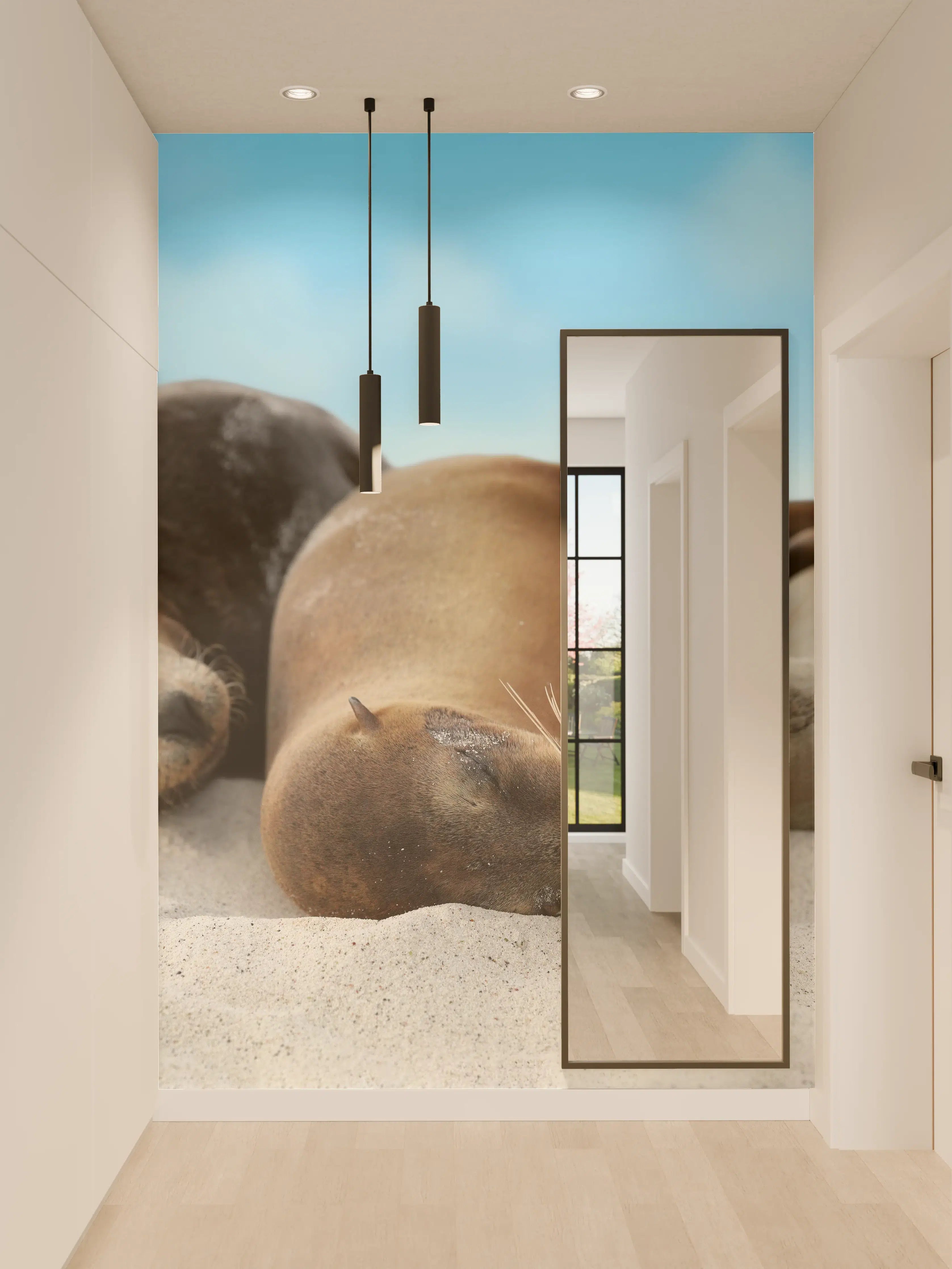 Wandverkleidung Flur - Seelöwen im Sand liegend