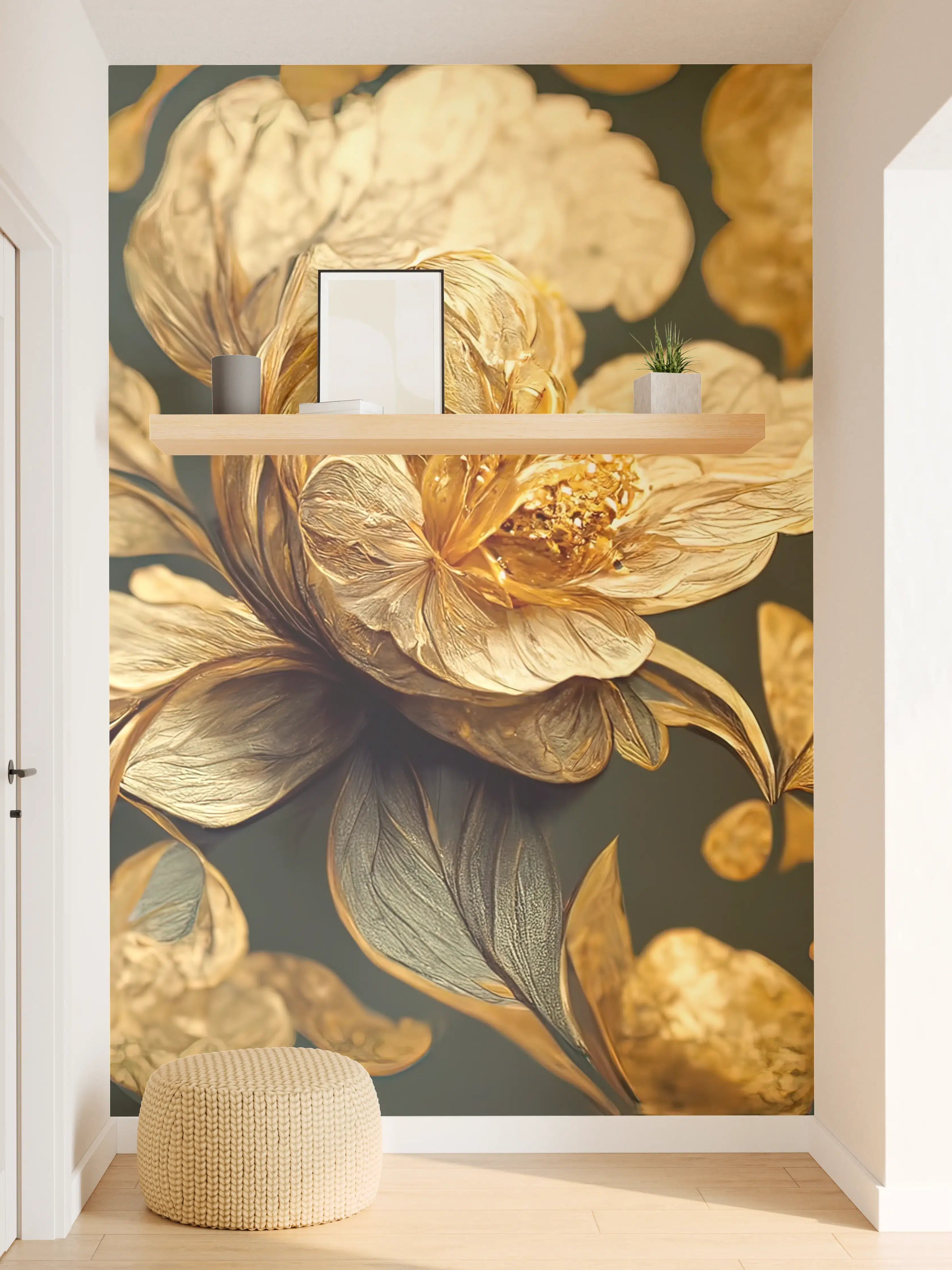 Wandverkleidung Flur - Silberne Blüten vor dunklem Grau