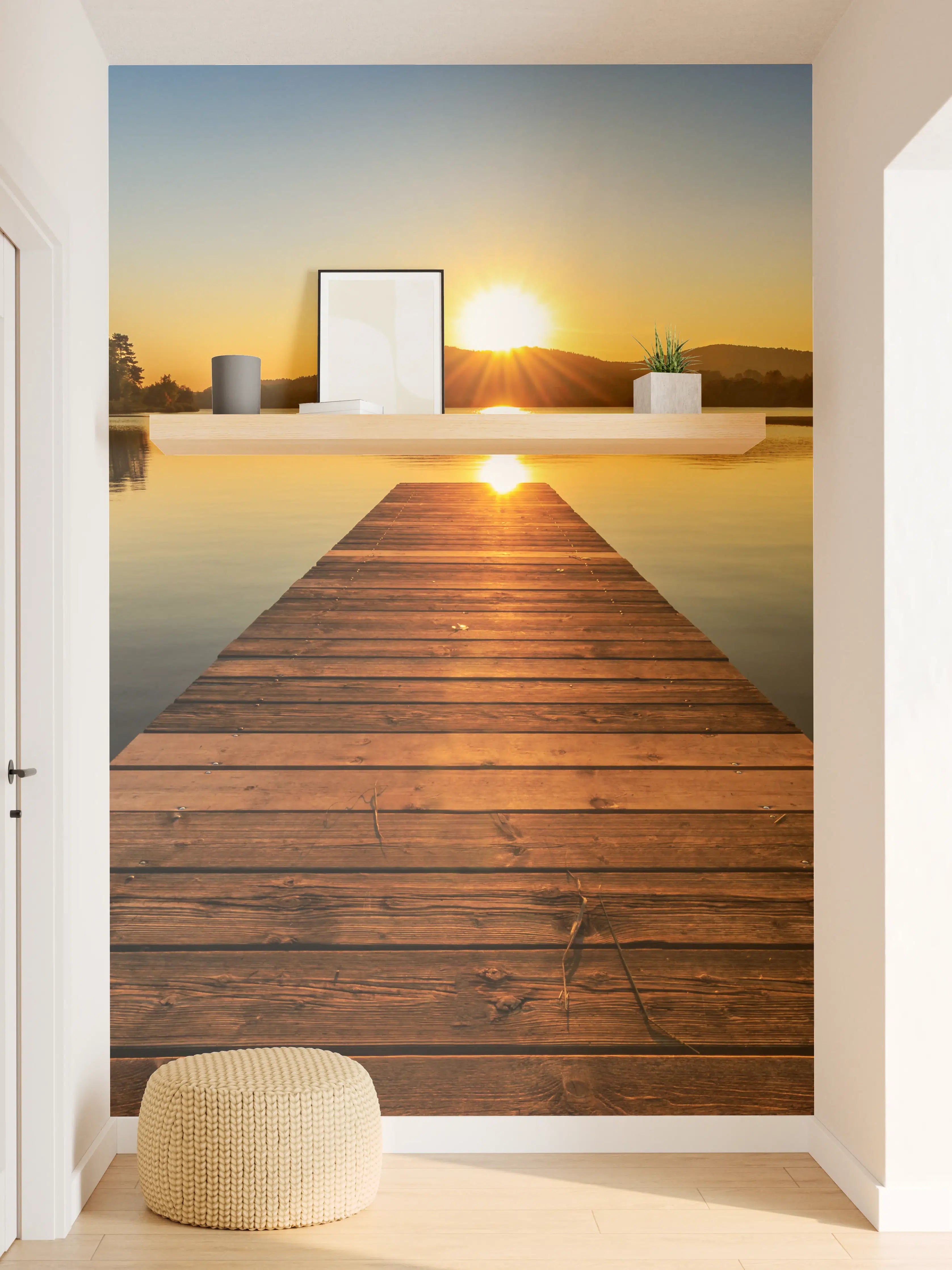 Wandverkleidung Flur - Silberner Sonnenuntergang am Wassersteg