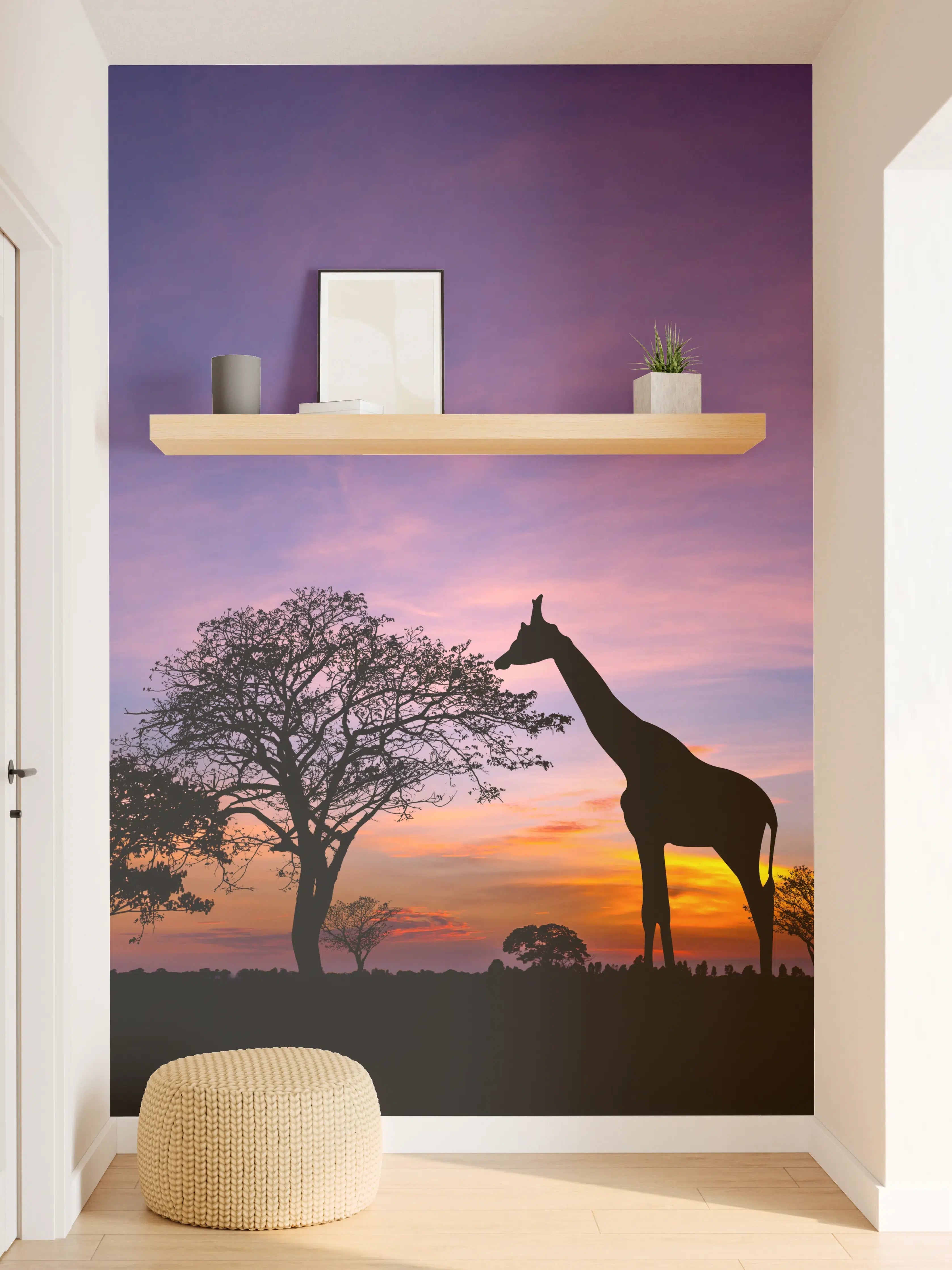Wandverkleidung Flur - Silhouette - Giraffenfamilie bei Sonnenuntergang
