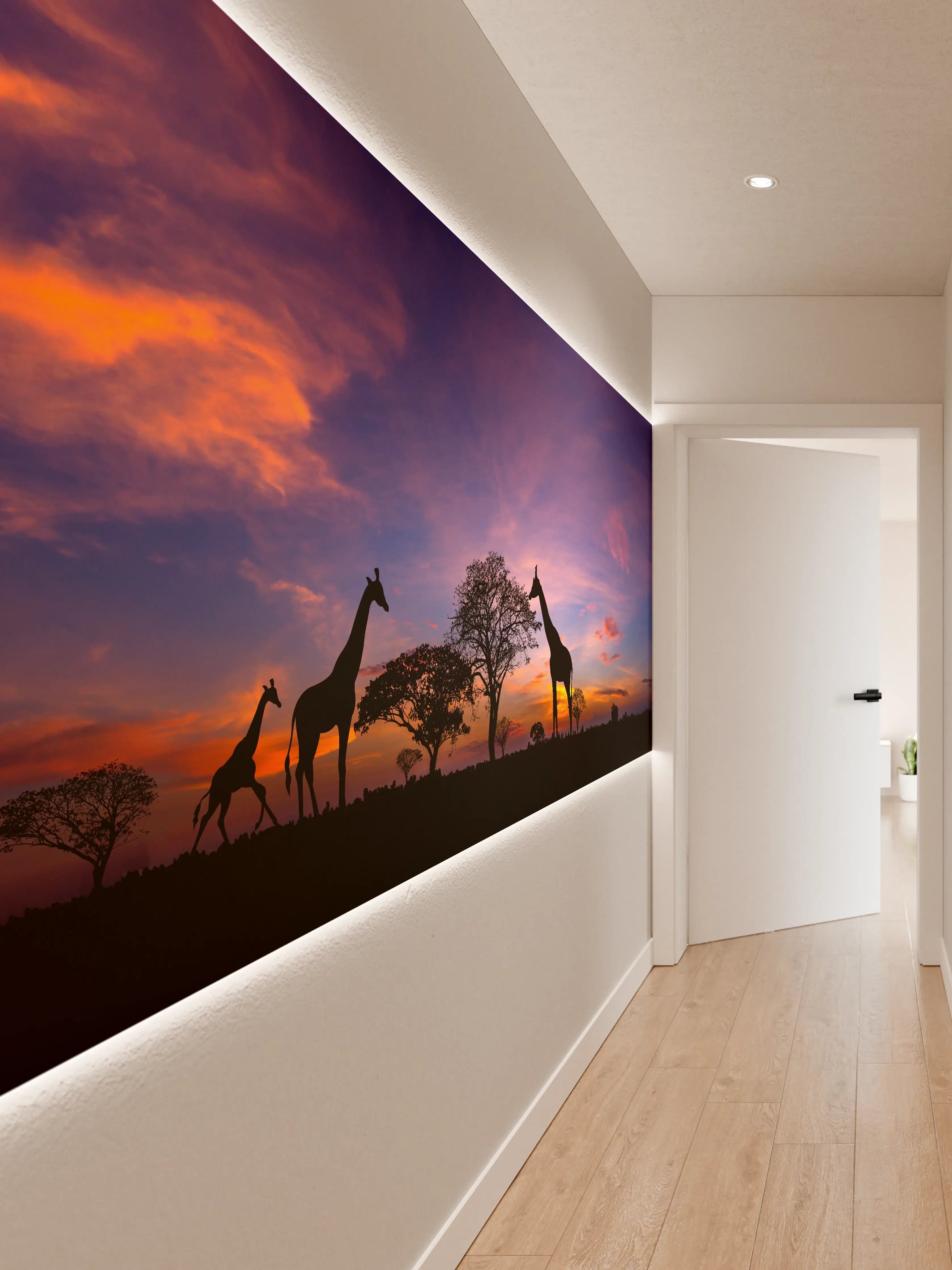 Wandverkleidung Flur - Silhouette - Giraffenfamilie bei Sonnenuntergang
