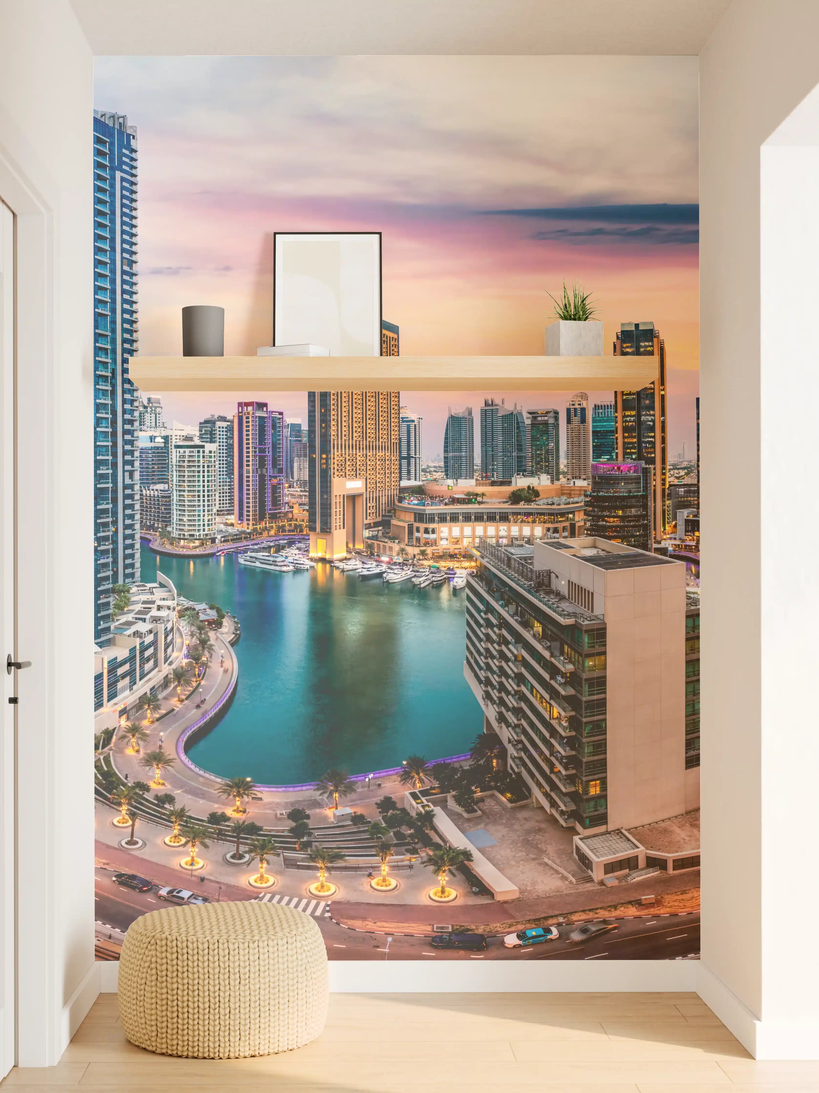 Wandverkleidung Flur - Skyline des Jachthafens von Dubai bei Sonnenuntergang