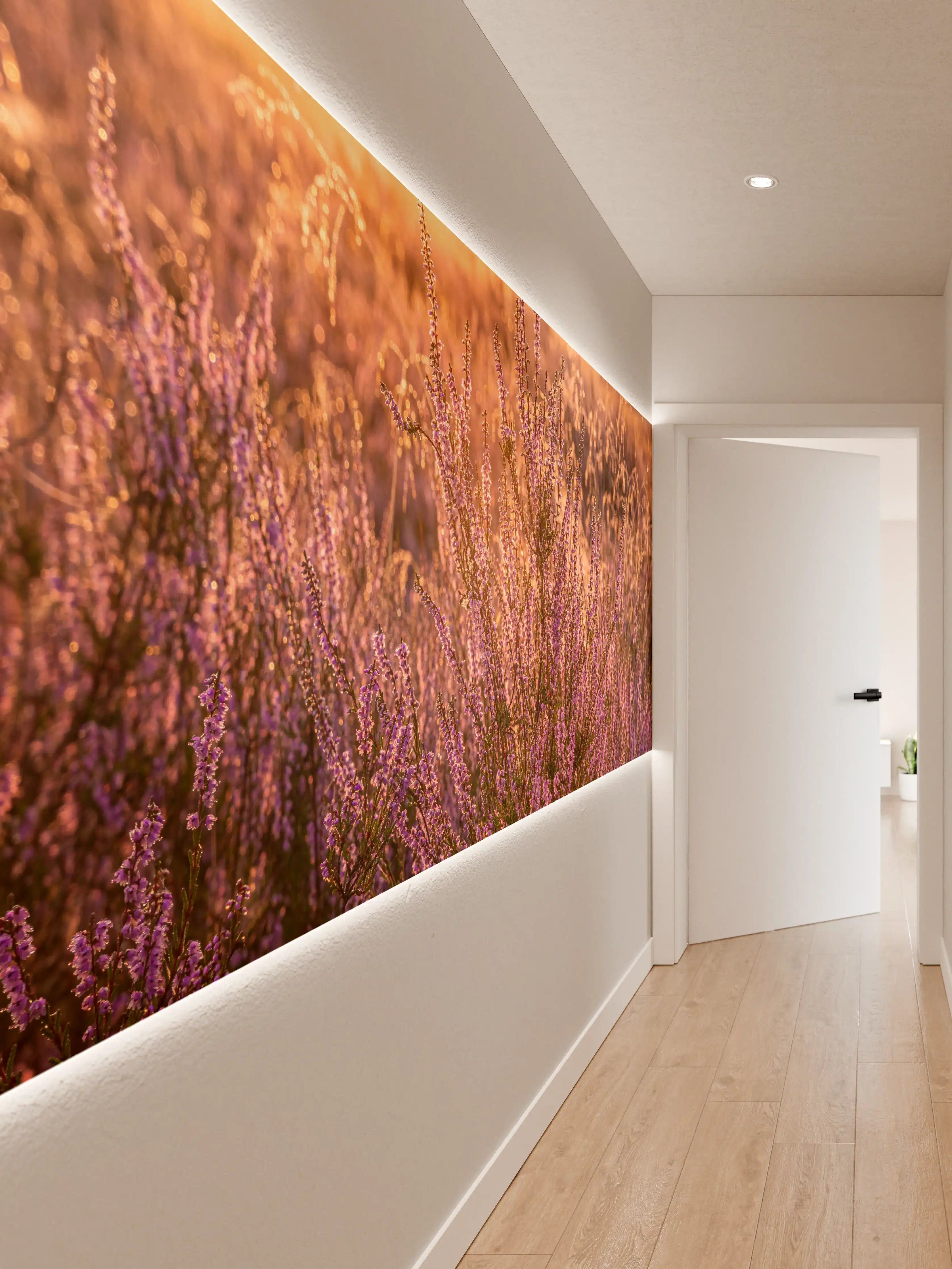 Wandverkleidung Flur - Sommerliche Blumenwiese bei Sonnenuntergang