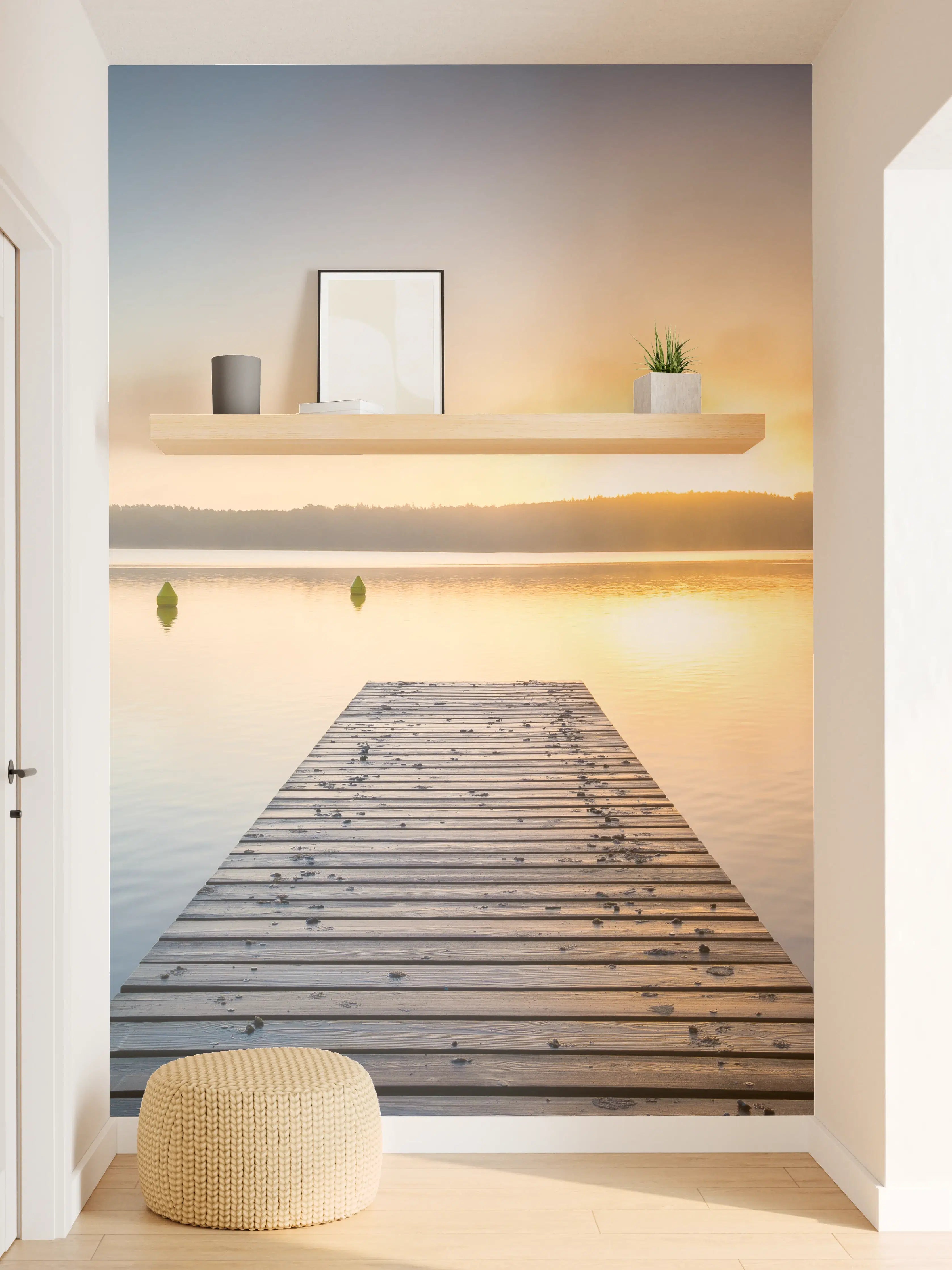 Wandverkleidung Flur - Sonnenaufgang am See mit Nebel