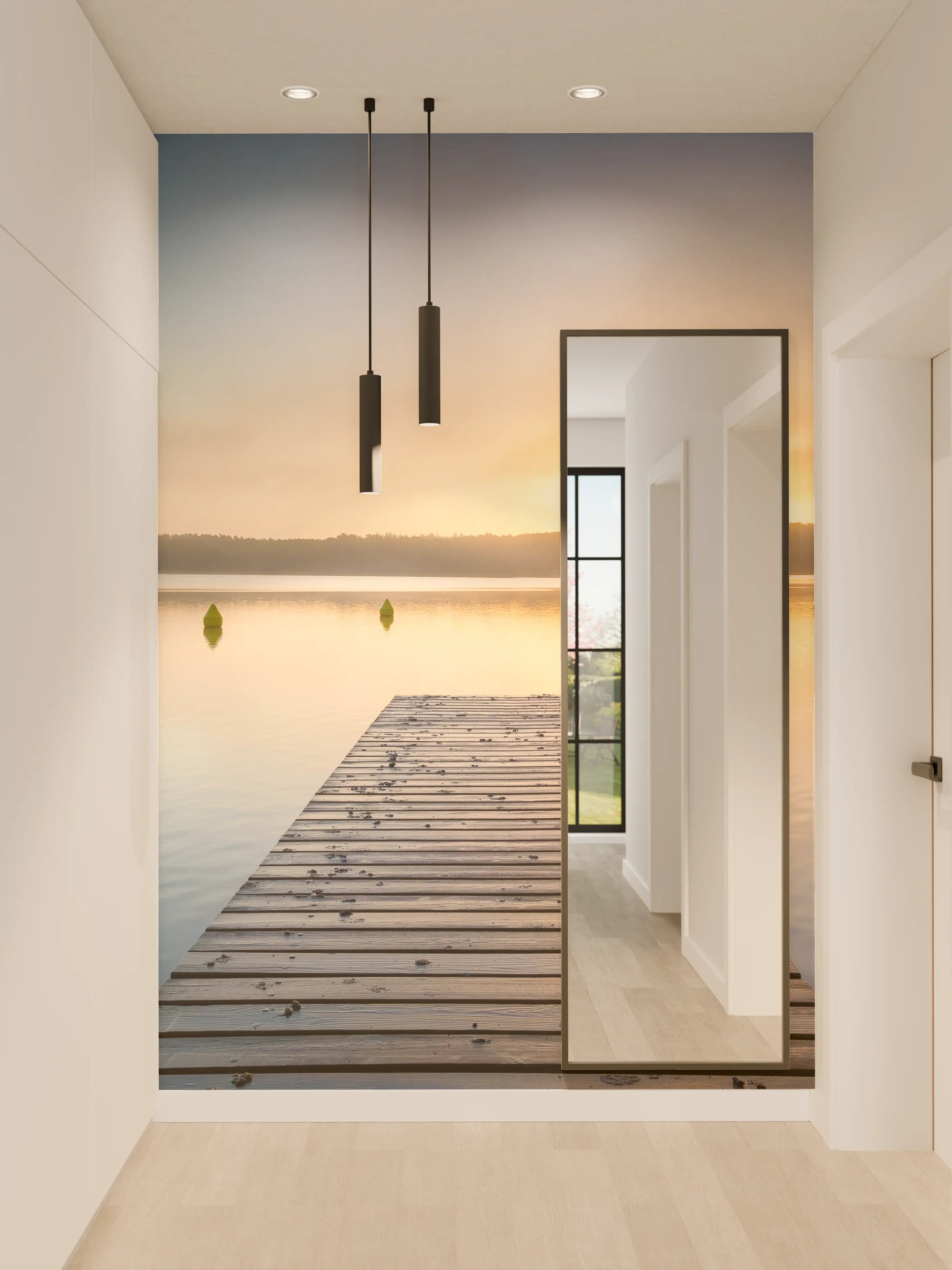 Wandverkleidung Flur - Sonnenaufgang am See mit Nebel