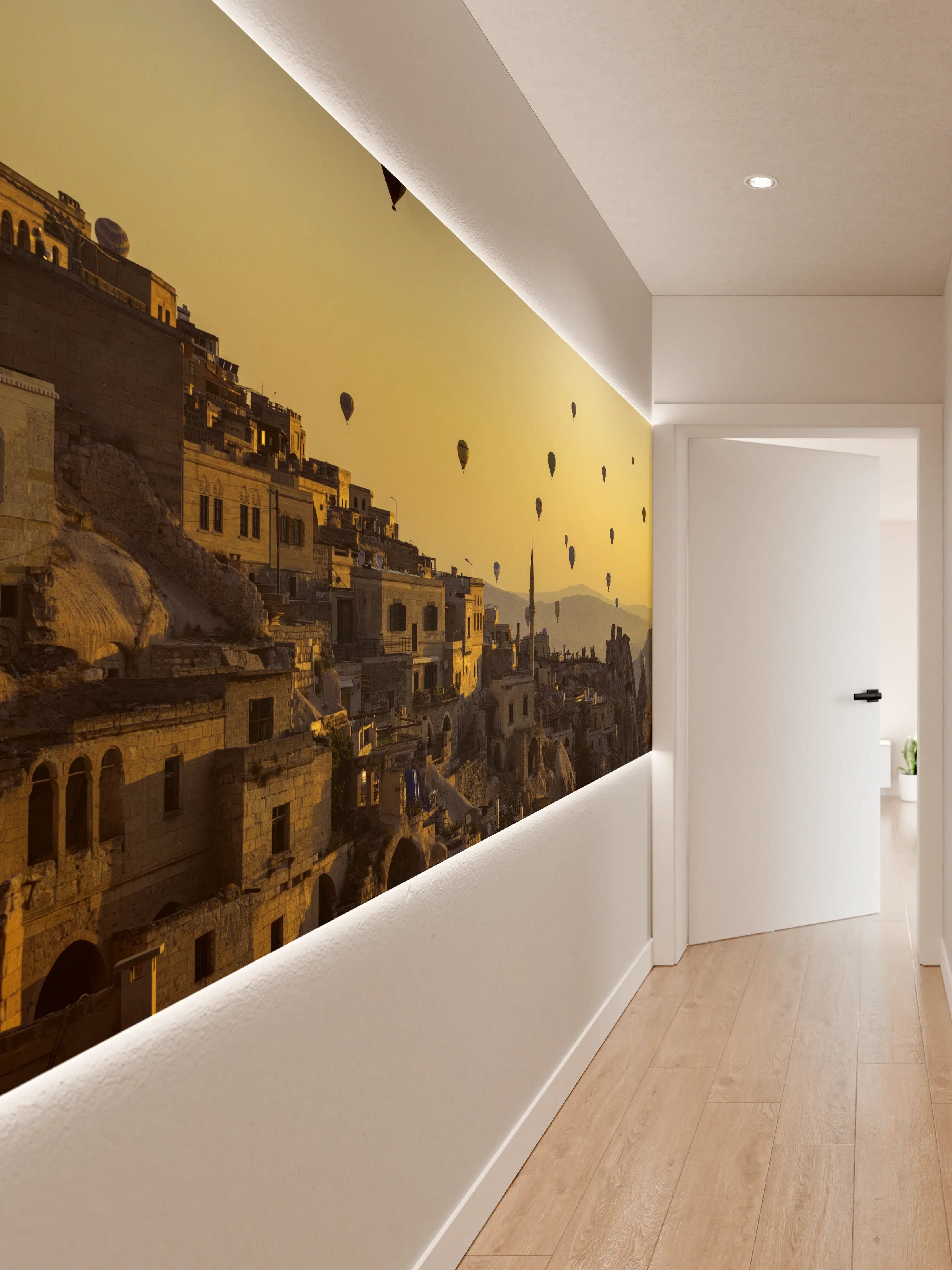 Wandverkleidung Flur - Sonnenaufgang über der Stadt mit Heißluftballons