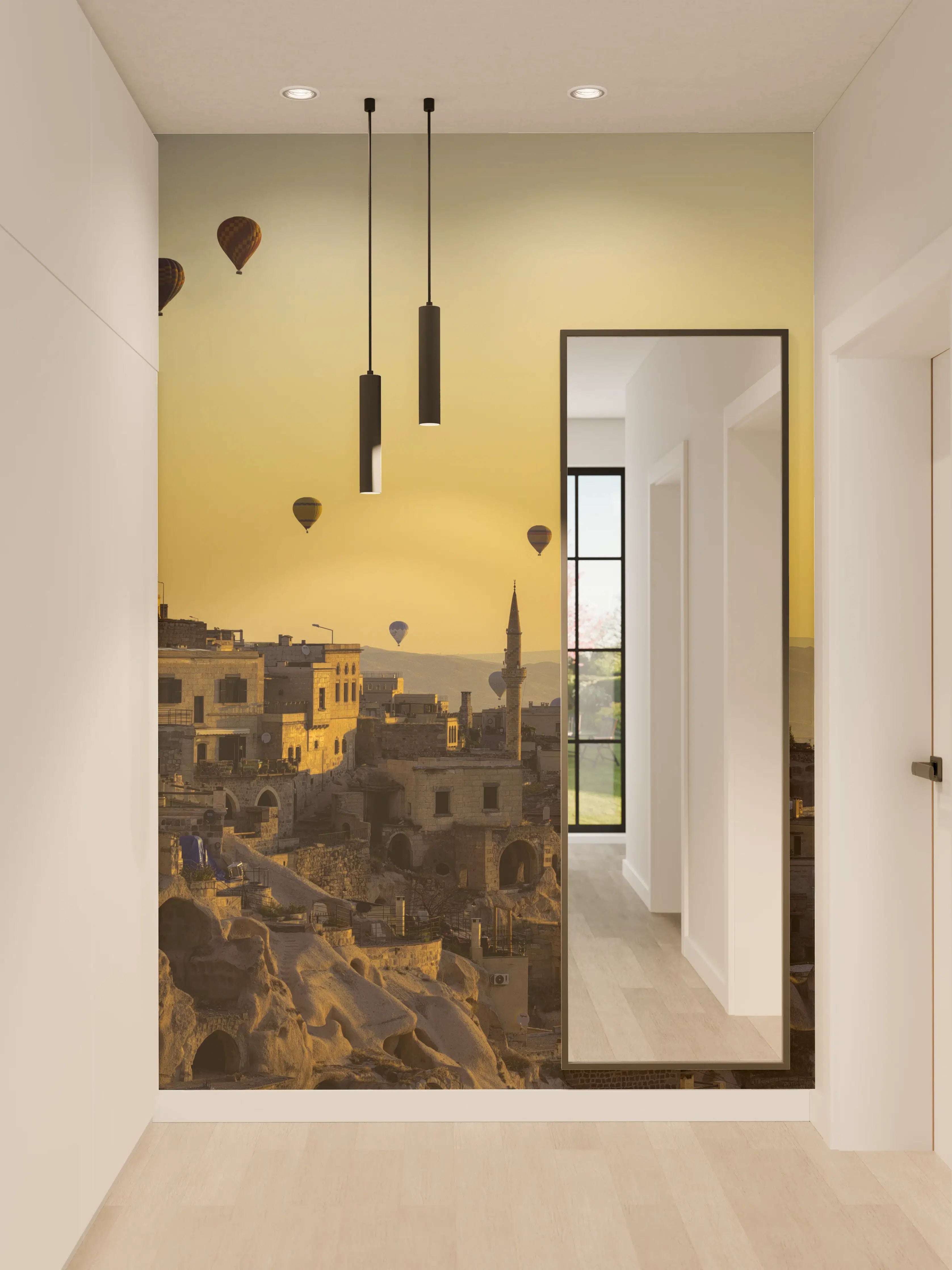Wandverkleidung Flur - Sonnenaufgang über der Stadt mit Heißluftballons