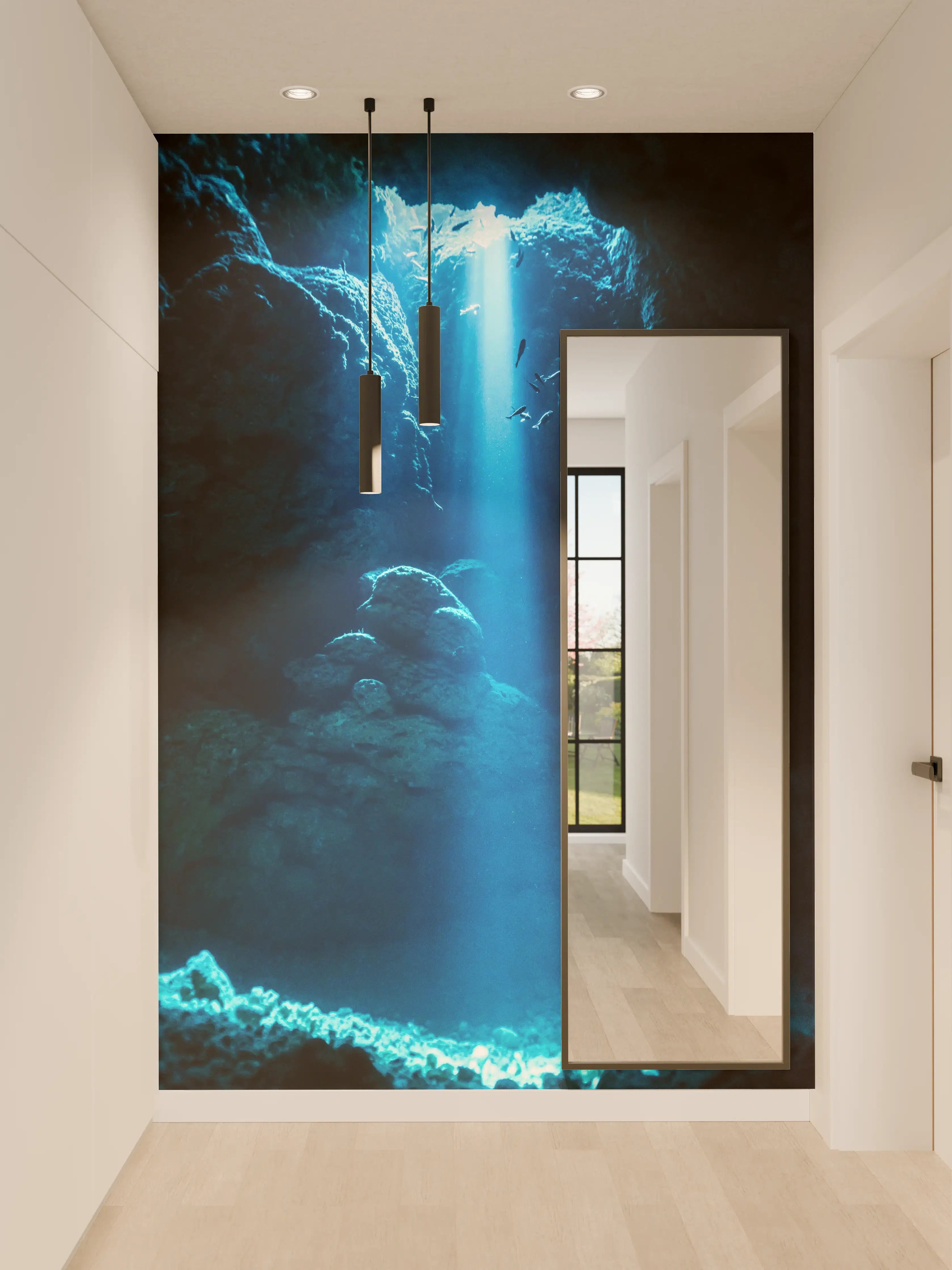 Wandverkleidung Flur - Sonnenstrahl in die Unterwasserhöhle im japanischen Ozean