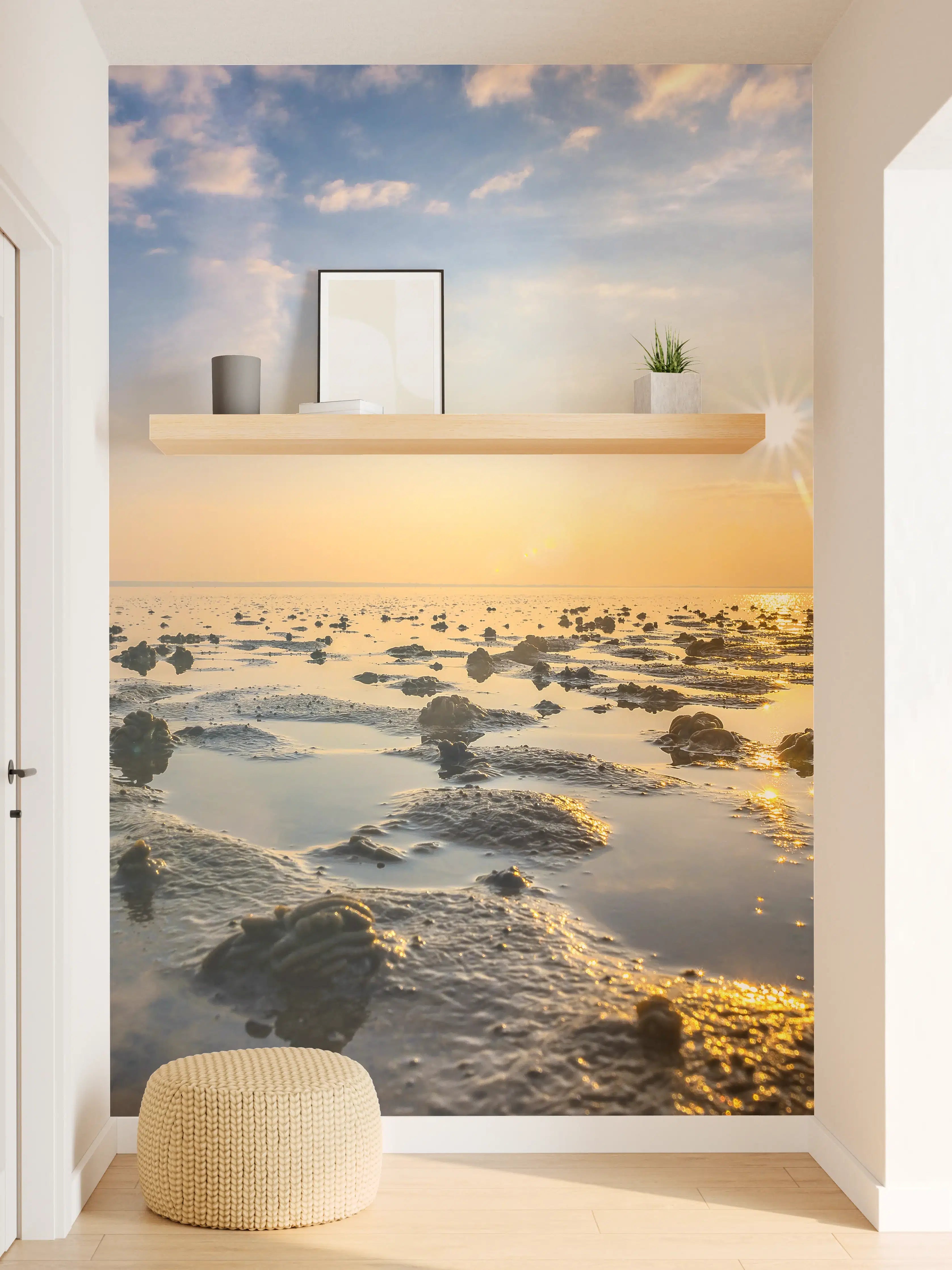Wandverkleidung Flur - Sonnenuntergang am Meer mit Ebbe