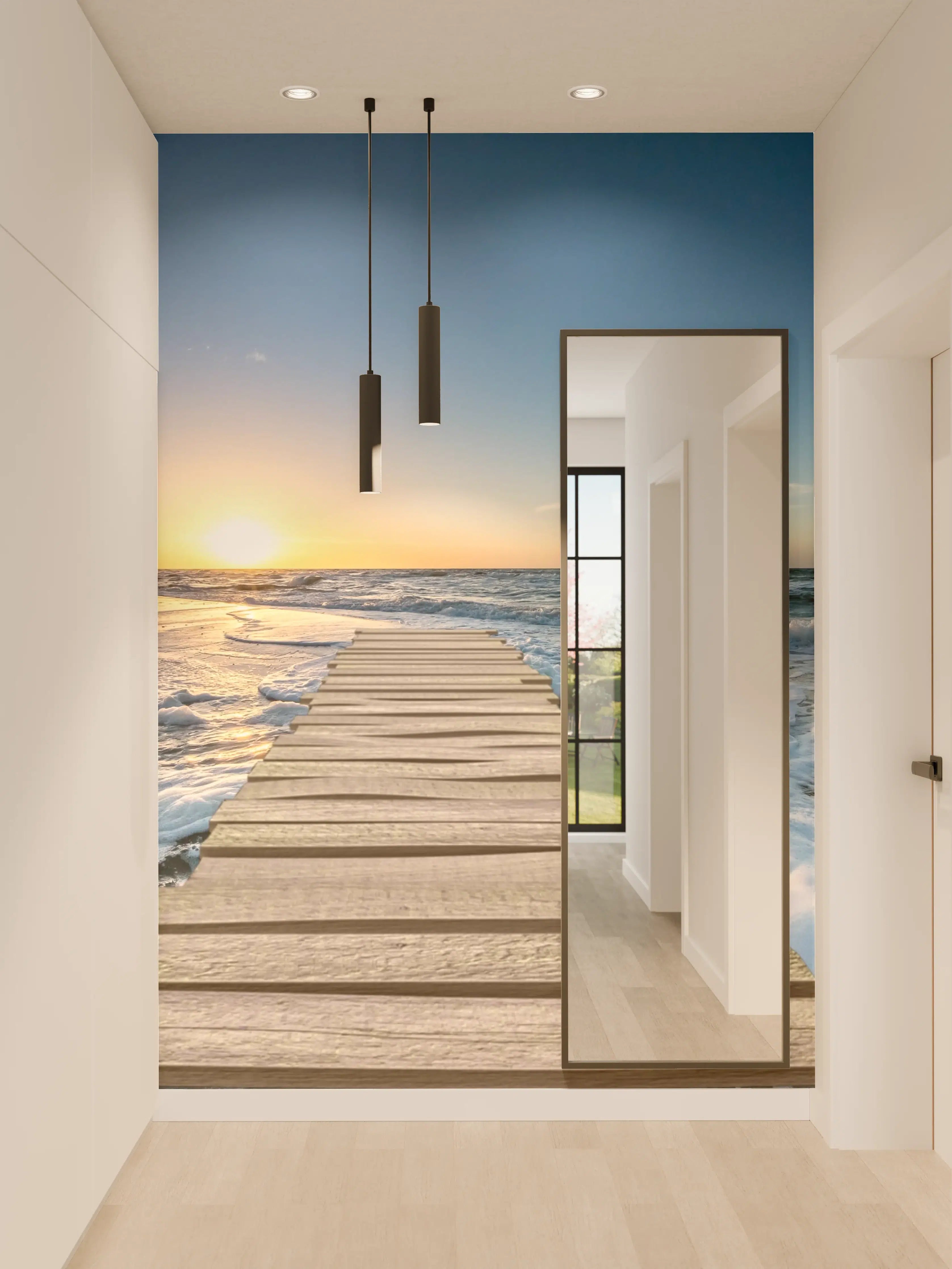 Wandverkleidung Flur - Sonnenuntergang am Meer mit Holzsteg
