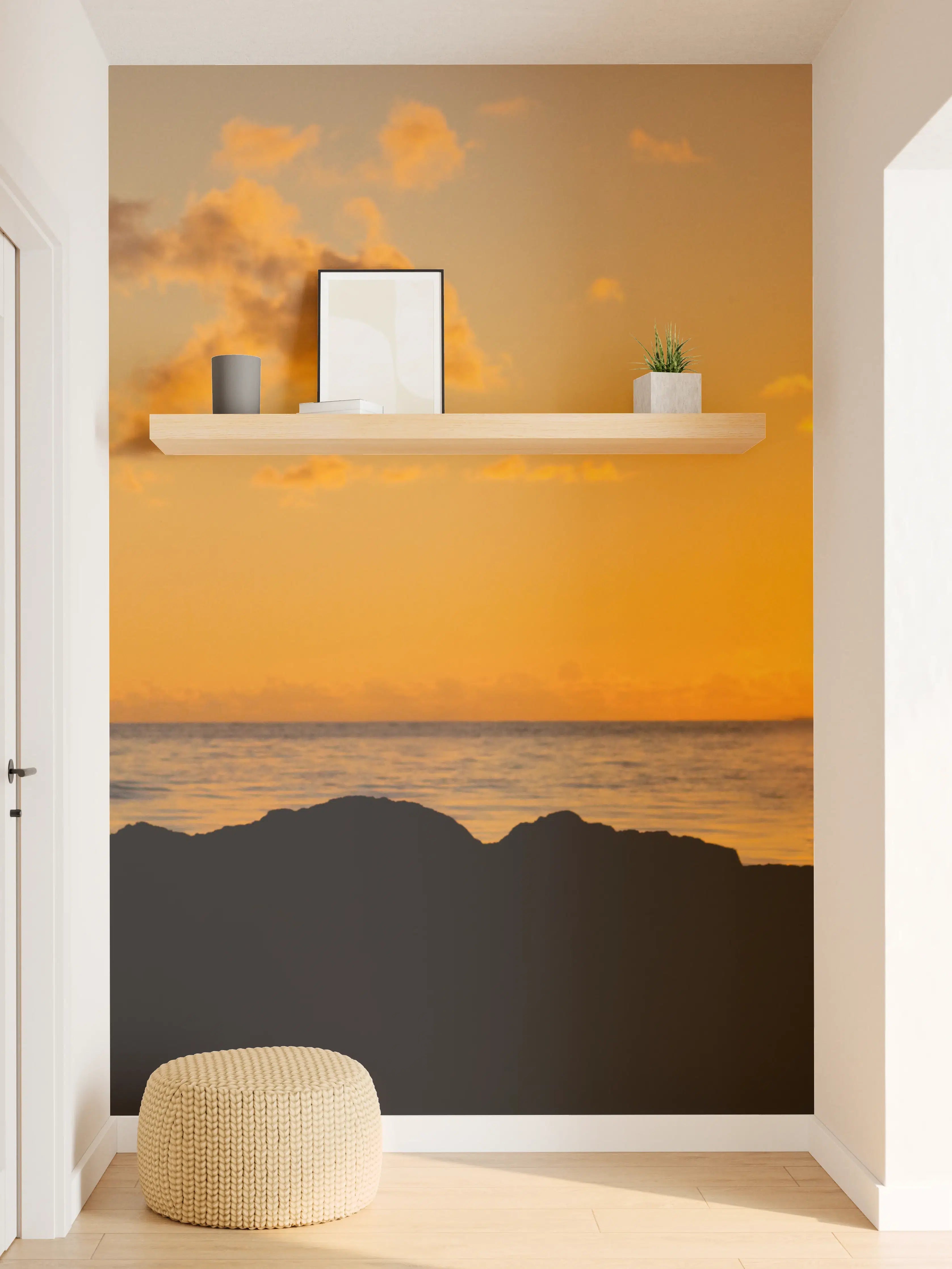 Wandverkleidung Flur - Sonnenuntergang am Meer mit Kranich