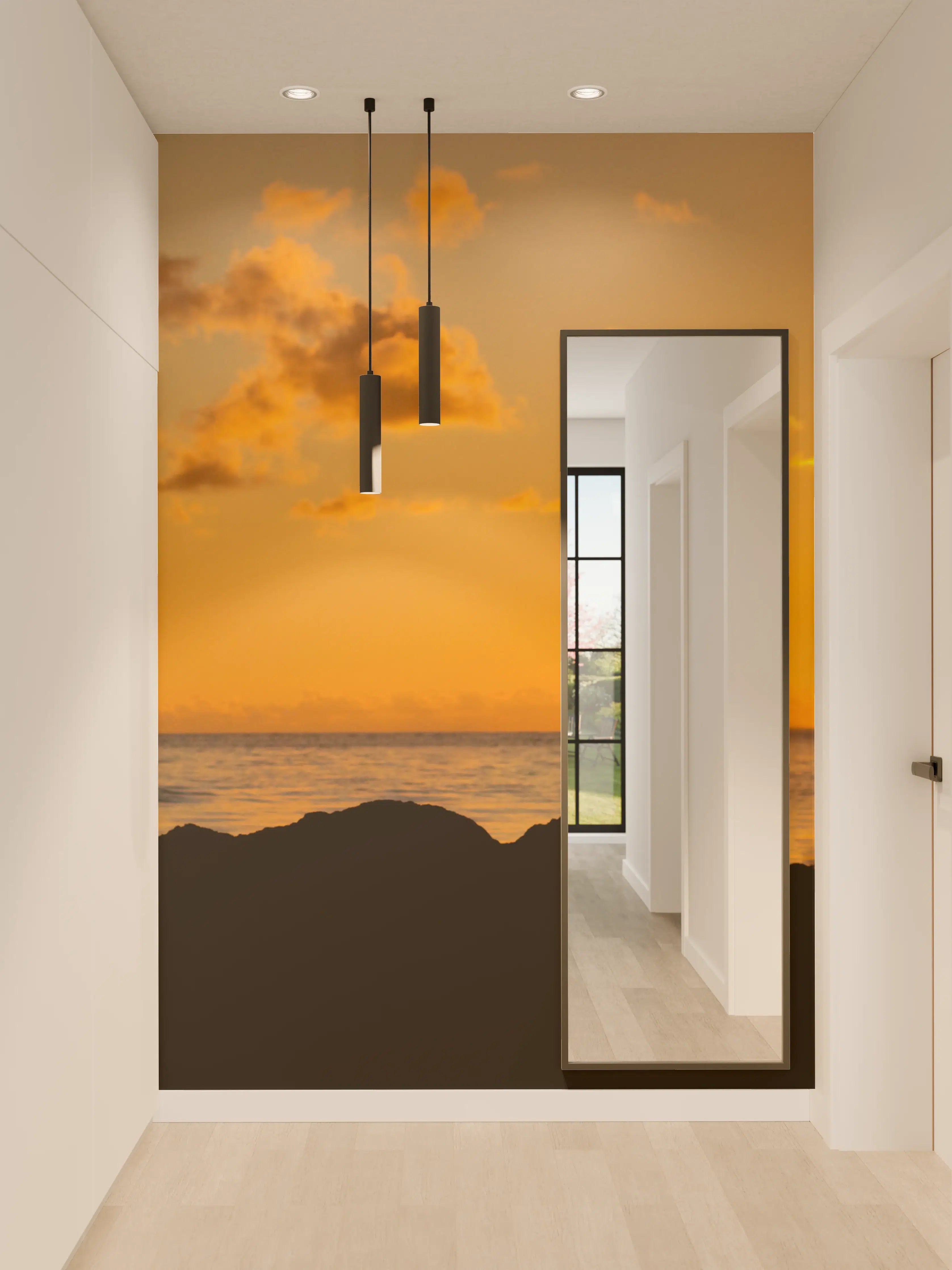 Wandverkleidung Flur - Sonnenuntergang am Meer mit Kranich