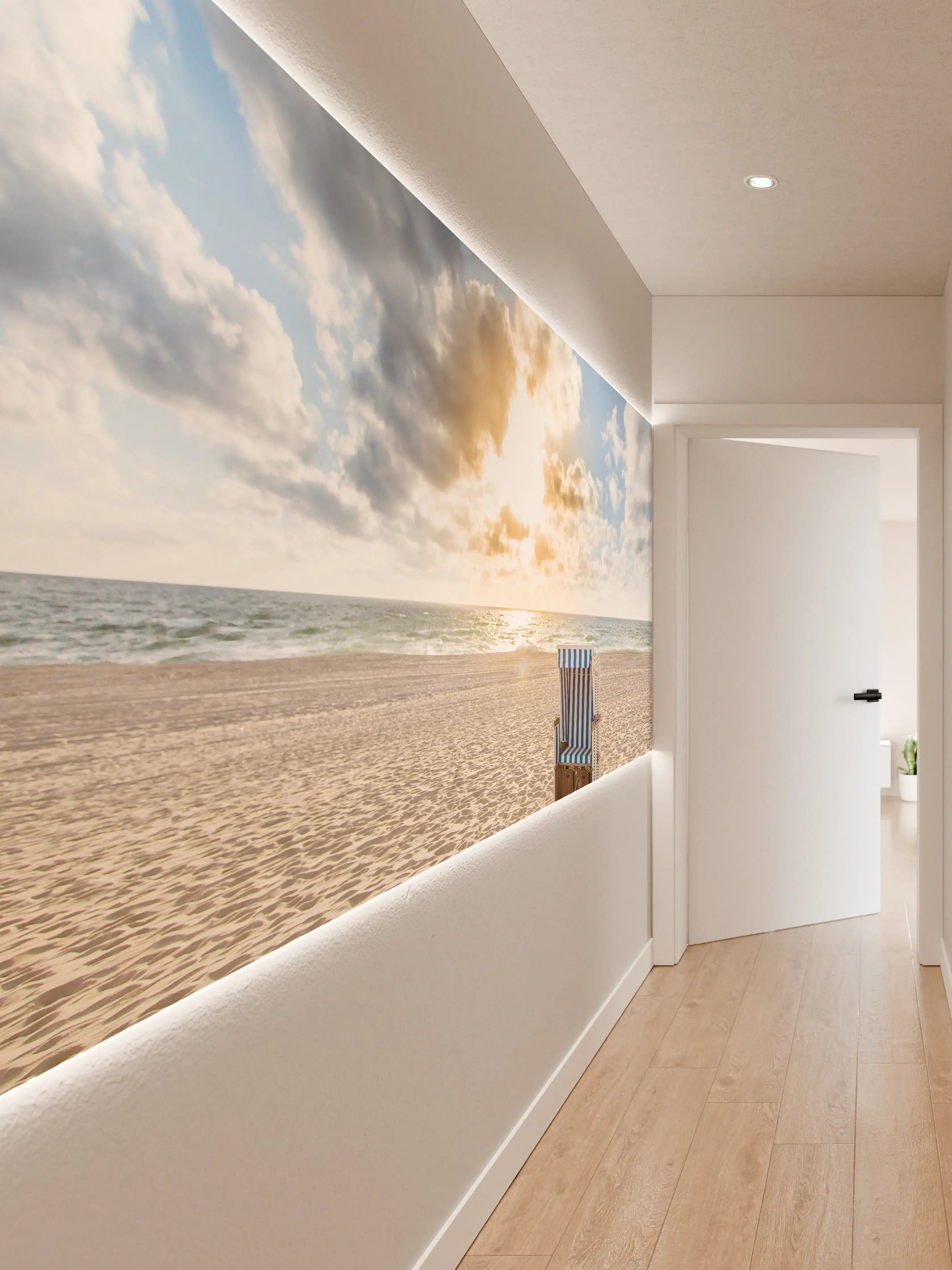 Wandverkleidung Flur - Sonnenuntergang am Strand mit Strandkorb