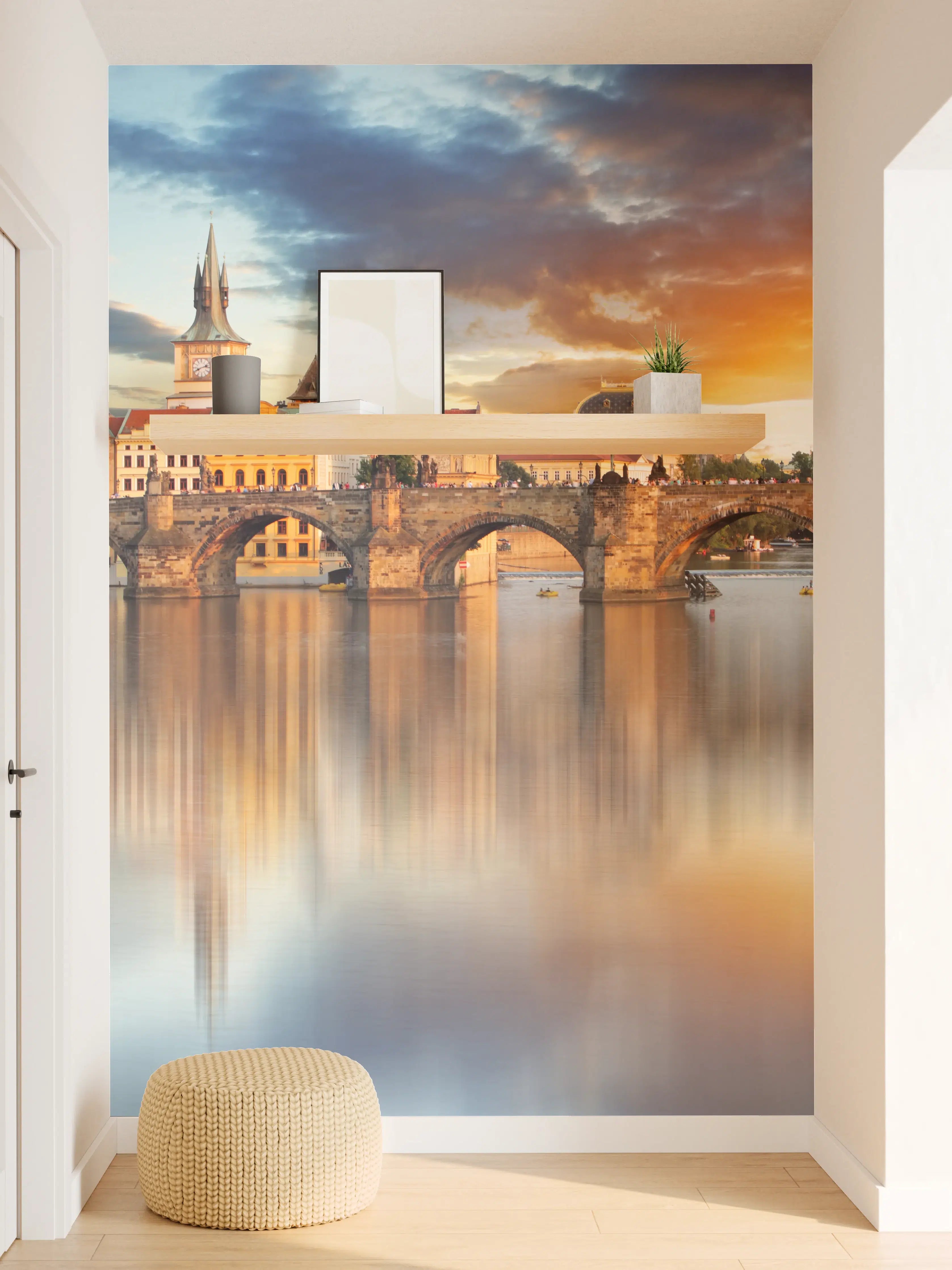 Wandverkleidung Flur - Sonnenuntergang über Prager Brücken in Grautönen
