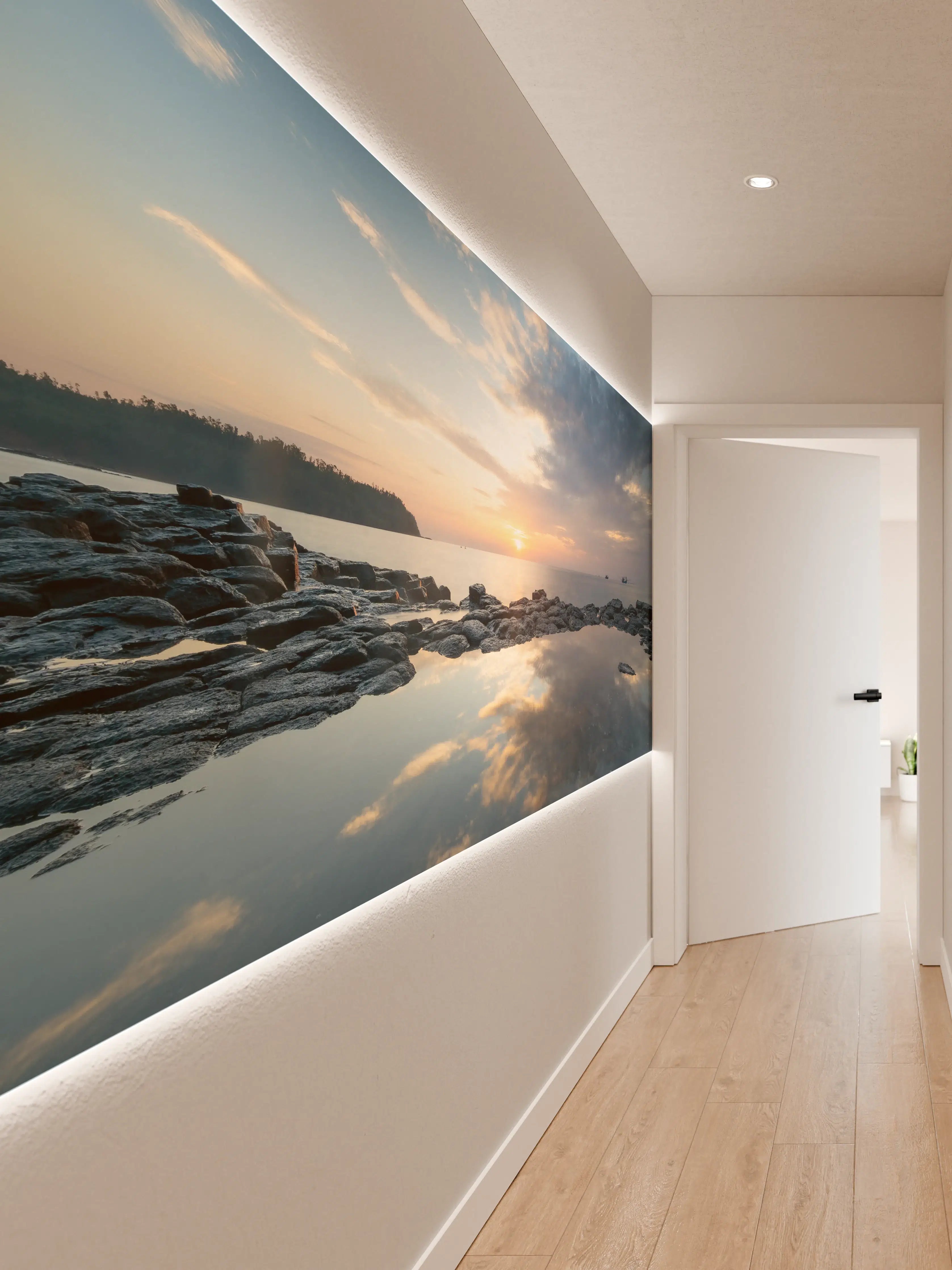 Wandverkleidung Flur - Sonnenuntergang über dem Wasser mit Felsen und Wolken